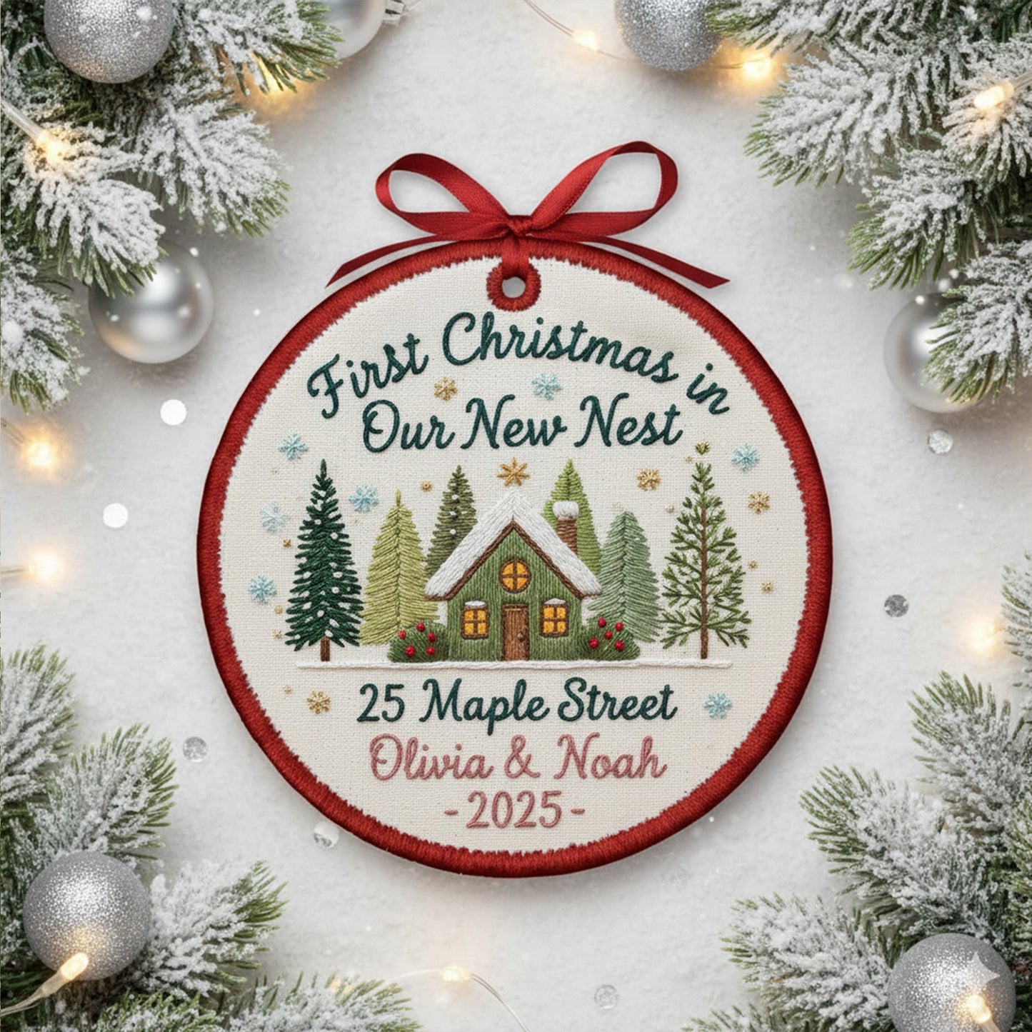 Personalized Embroidered First Christmas in Our New Home Ornament 2025 – Custom Canvas New House Keepsake Gift, Xmas Embroidered Ornament