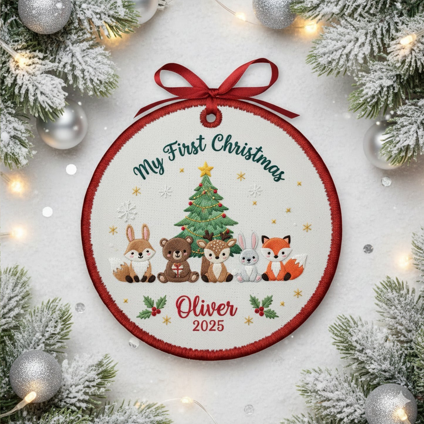 Personalized Embroidered My First Christmas Woodland Animals Ornament 2025 – Custom Canvas Keepsake Gift for Baby, Xmas Embroidered Ornament