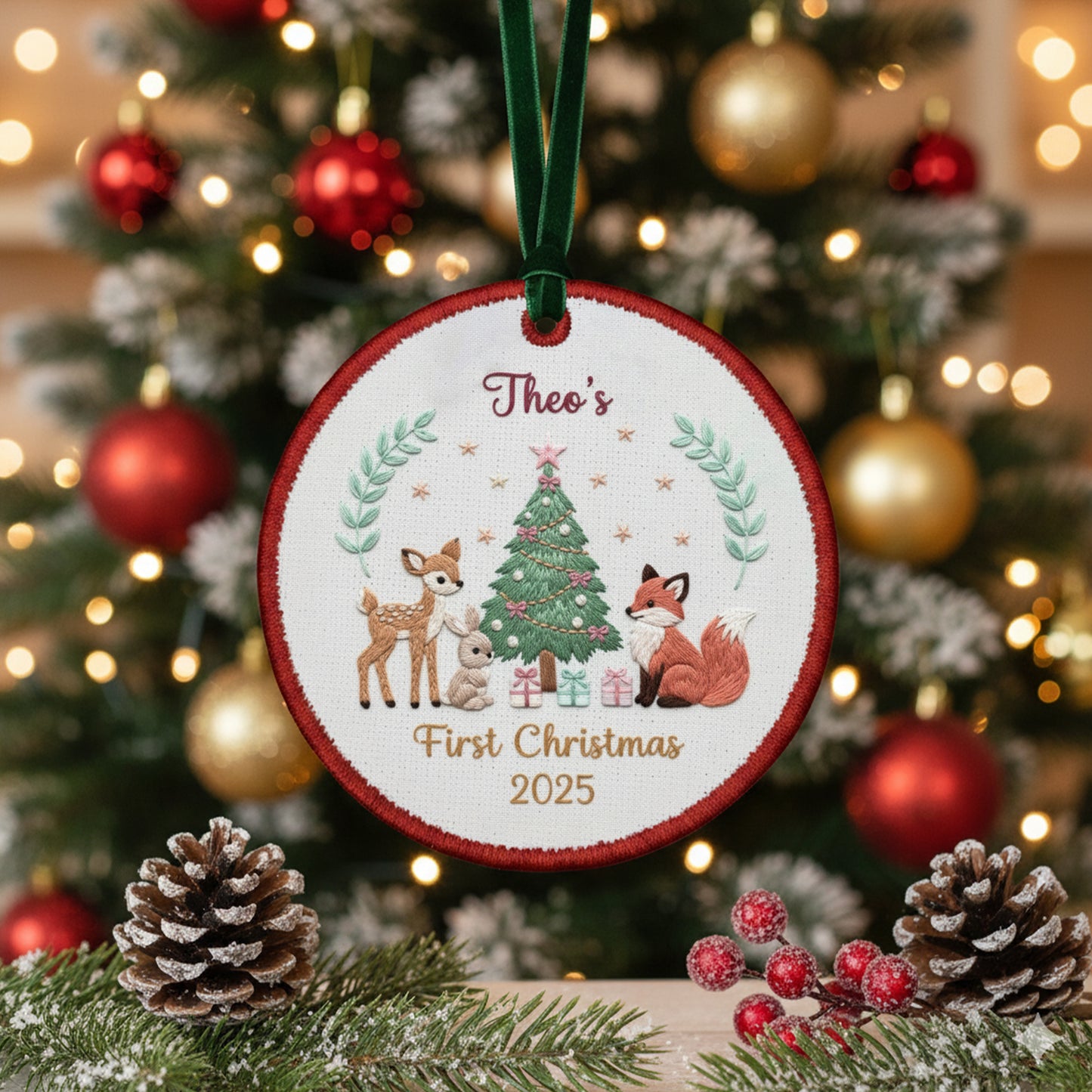 Personalized Embroidered Baby’s First Christmas Ornament 2025 – Woodland Animals Canvas Keepsake Gift for Newborn, Xmas Embroidered Ornament