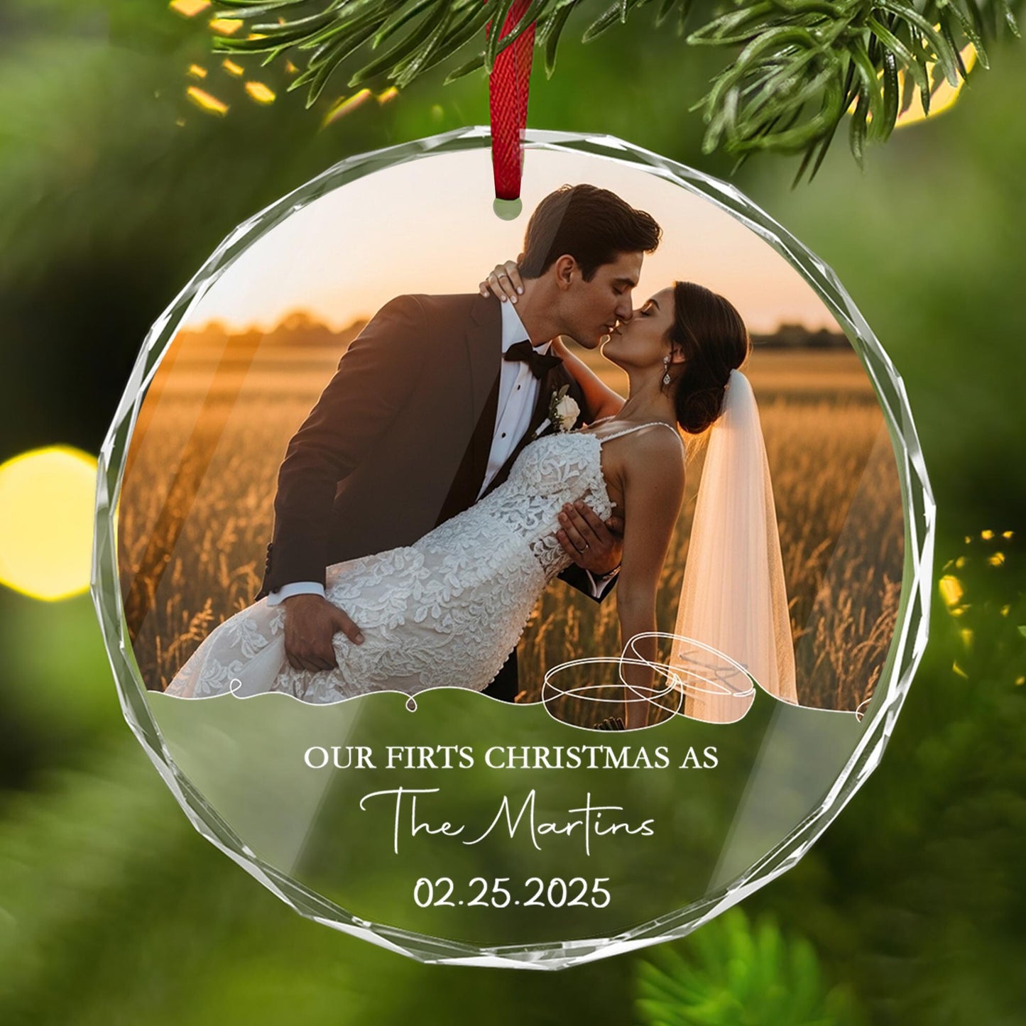 Personalized Wedding Photo Ornament, Newlywed Glass Ornament