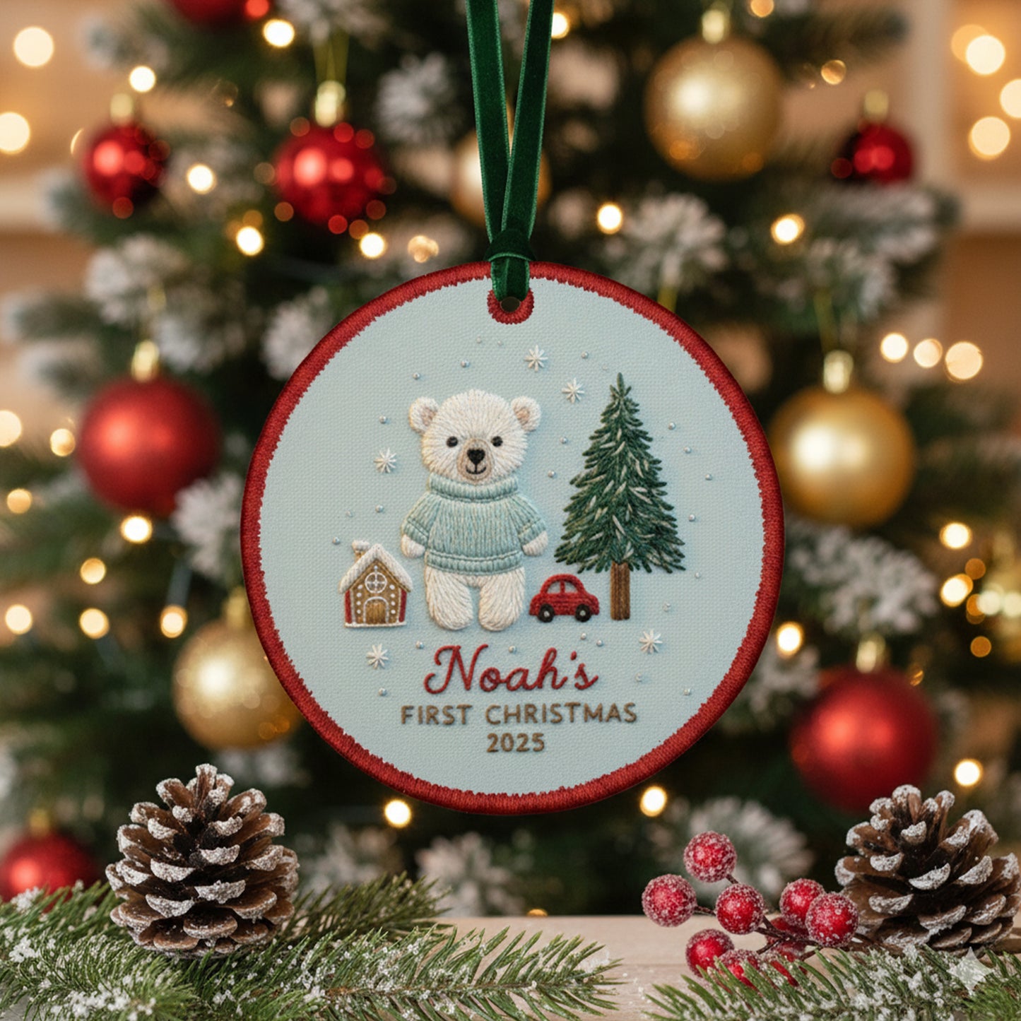 Personalized Embroidered Baby’s First Christmas Ornament 2025 – Custom Canvas Bear Keepsake Gift for Newborn, Embroidered Ornament for Baby