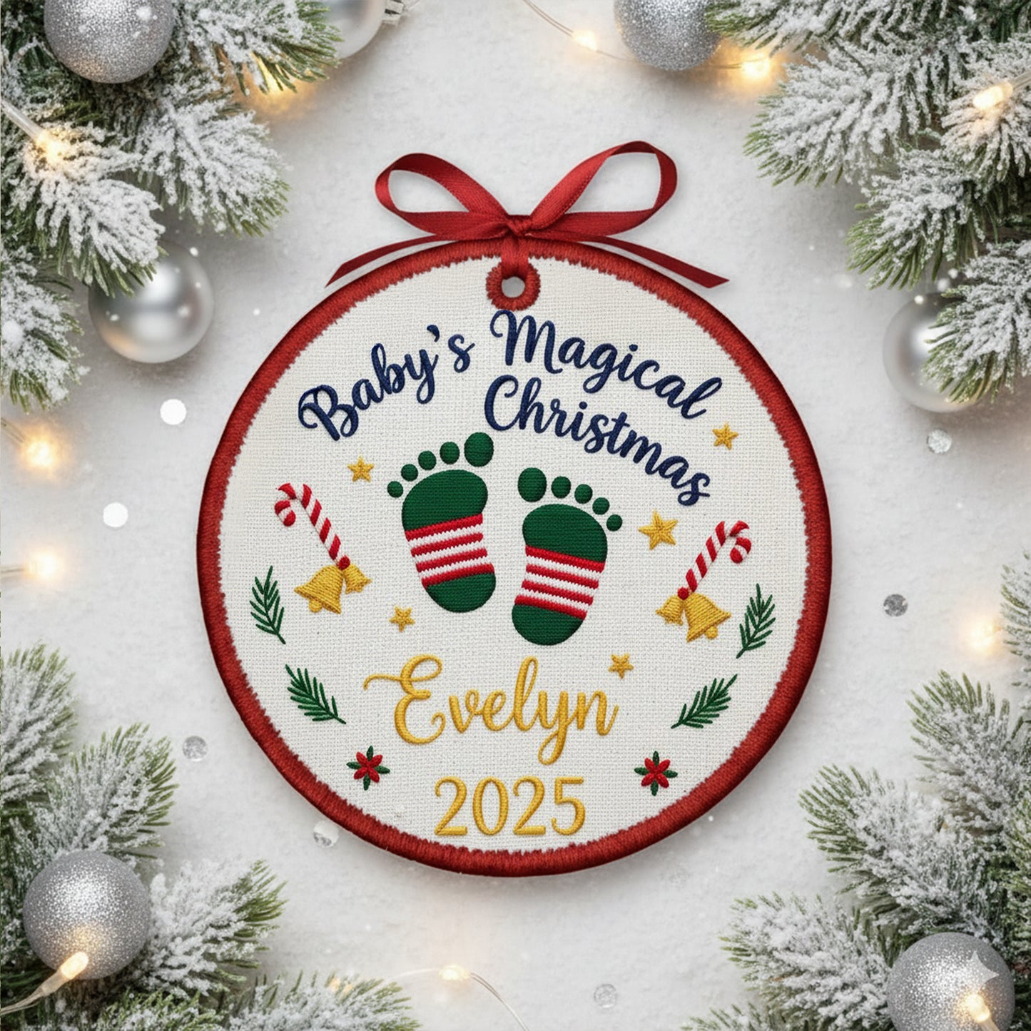 Personalized Embroidered Baby’s Magical First Christmas Ornament 2025 – Custom Canvas Keepsake Gift for Newborn, Xmas Embroidered Ornament
