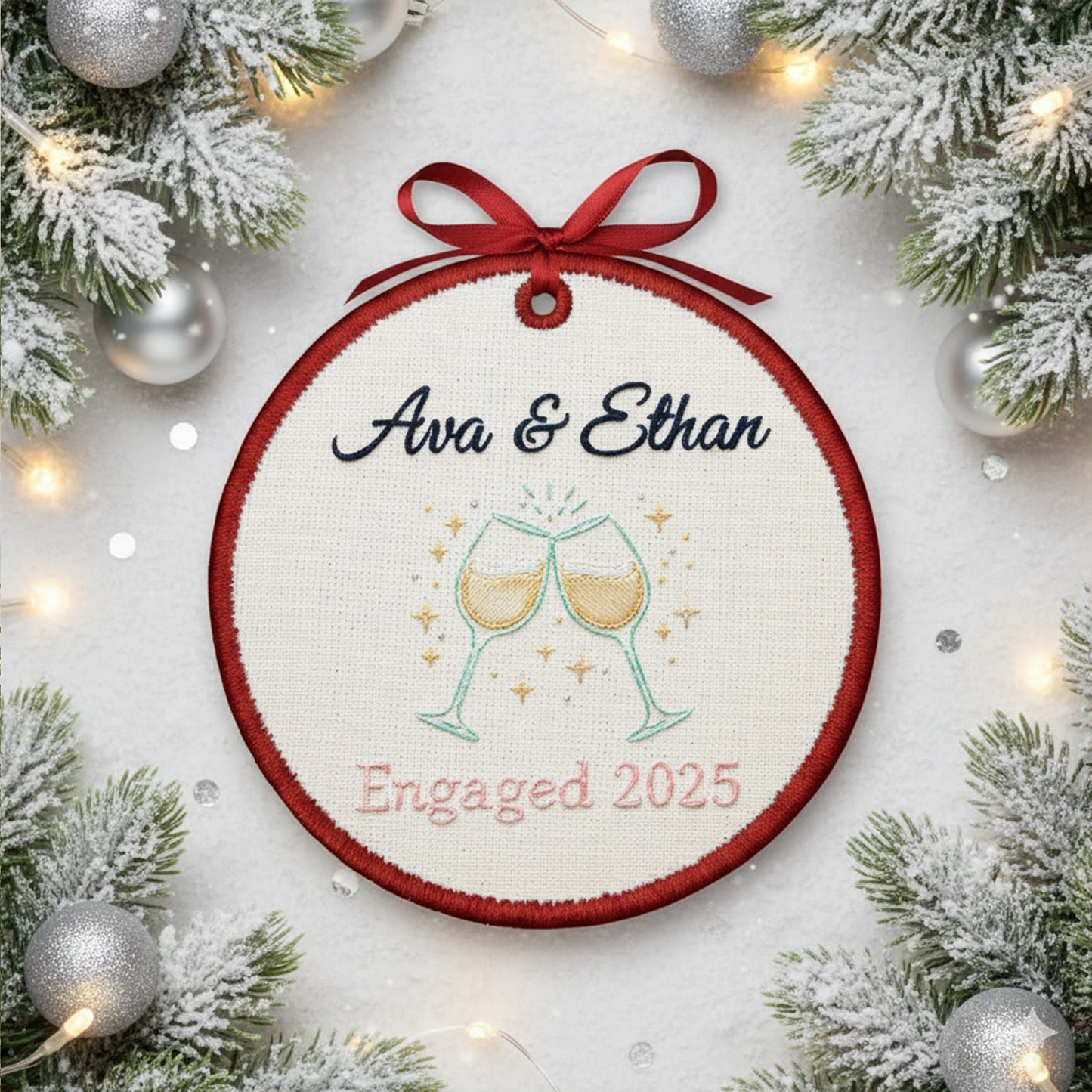 Personalized Embroidered Engagement Ornament 2025 – Custom Canvas Champagne Glasses Keepsake Gift for Engaged Couple, Embroidered Ornament