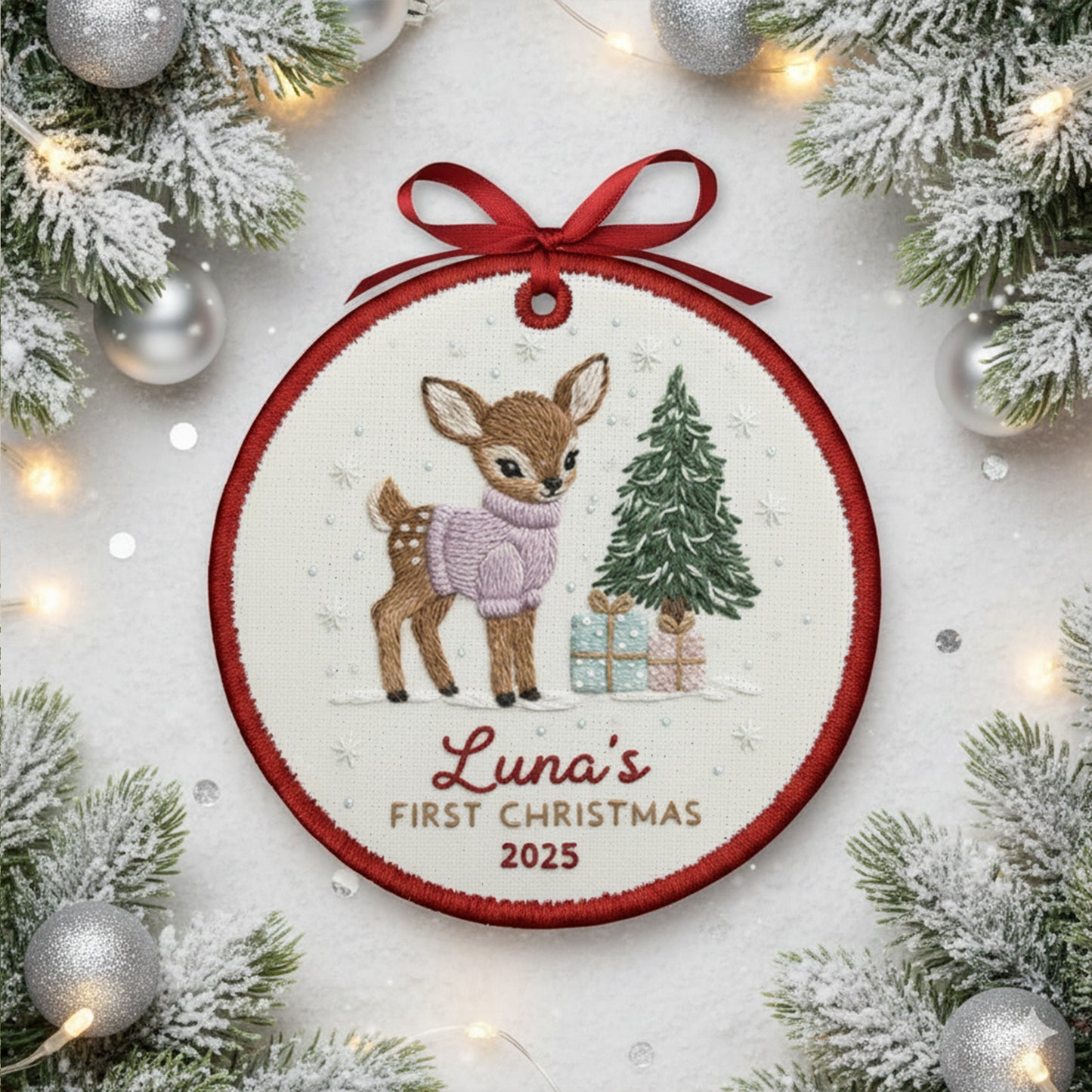 Personalized Embroidered Baby’s First Christmas Ornament 2025 – Custom Canvas Reindeer Keepsake Gift for Newborn, New Baby Gift