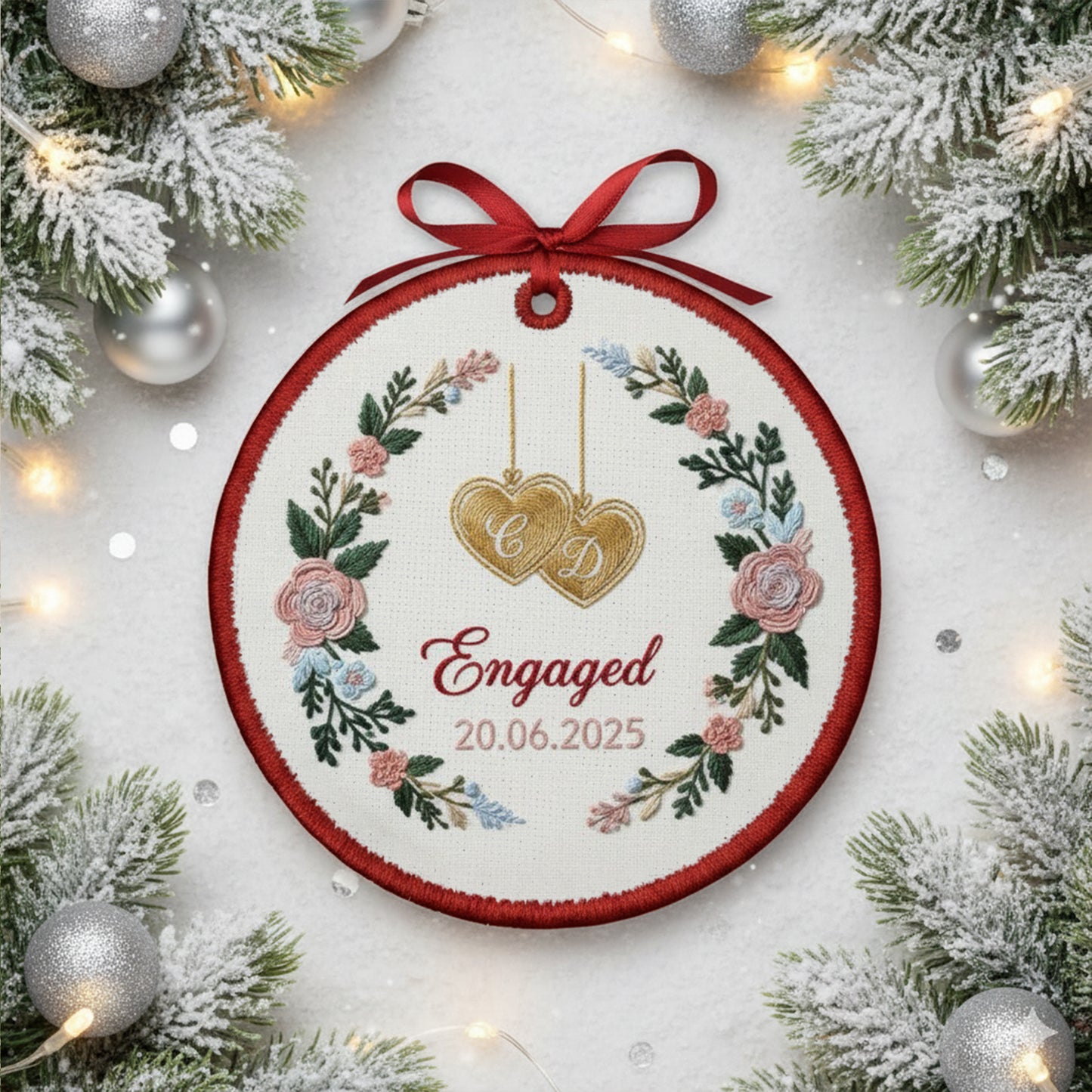 Personalized Embroidered Engagement Ornament 2025 – Custom Canvas Floral Heart Keepsake Gift for Engaged Couples, Xmas Embroidered Ornament