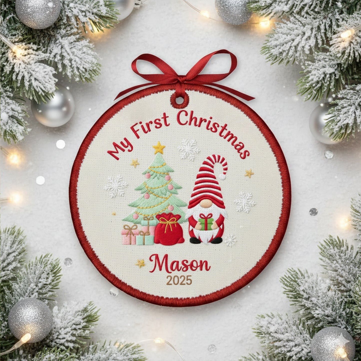 Personalized Embroidered Baby’s First Christmas Gnome Ornament 2025 – Custom Canvas Keepsake Gift for Newborn, Embroidered Ornament