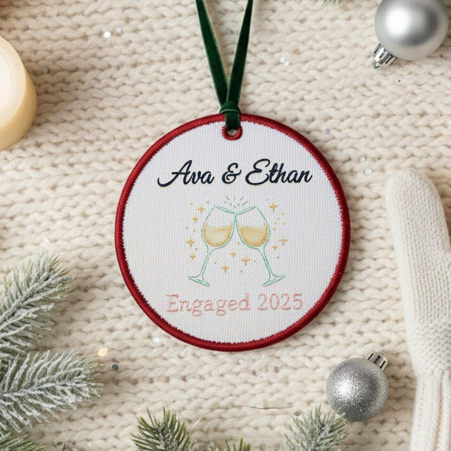 Personalized Embroidered Engagement Ornament 2025 – Custom Canvas Champagne Glasses Keepsake Gift for Engaged Couple, Embroidered Ornament