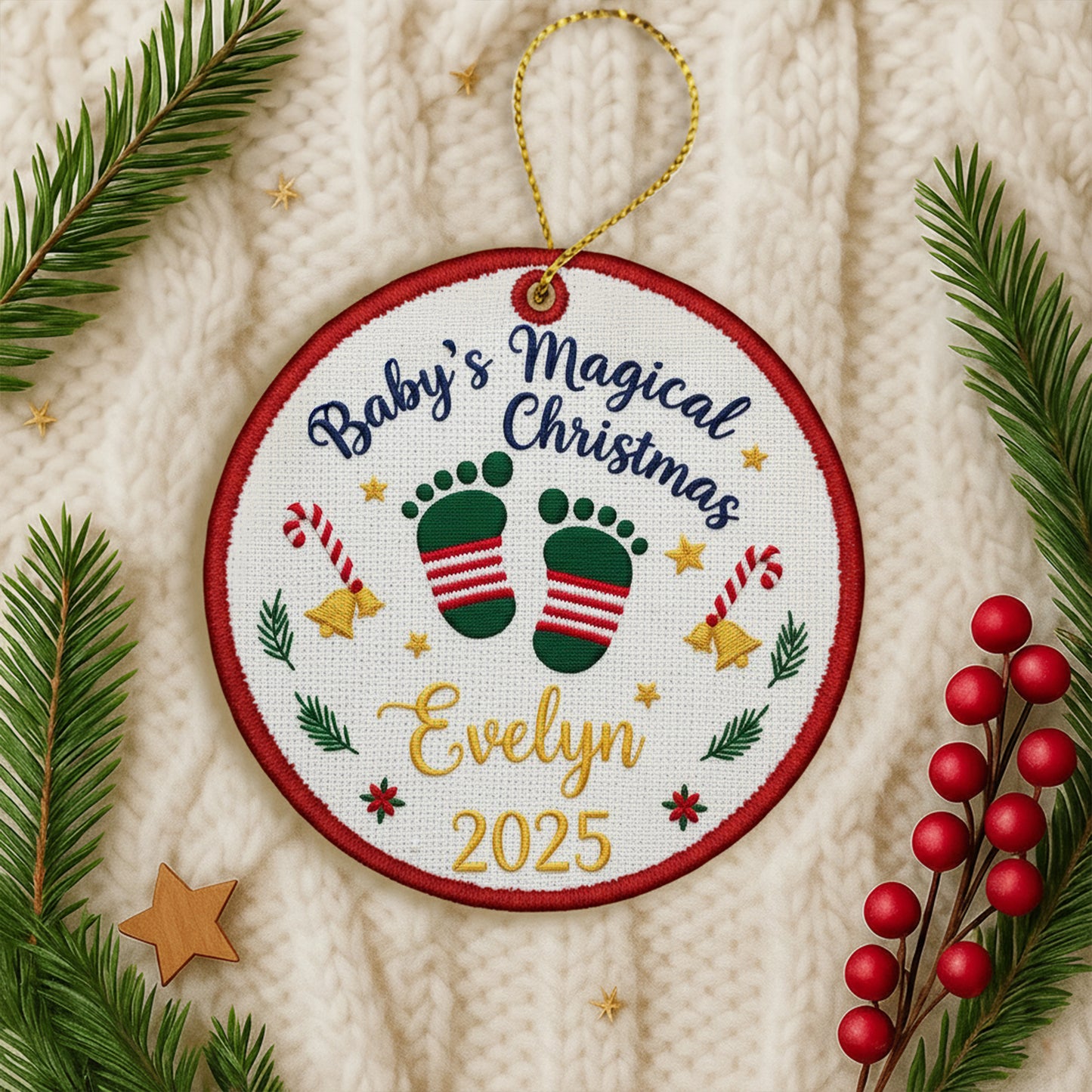 Personalized Embroidered Baby’s Magical First Christmas Ornament 2025 – Custom Canvas Keepsake Gift for Newborn, Xmas Embroidered Ornament
