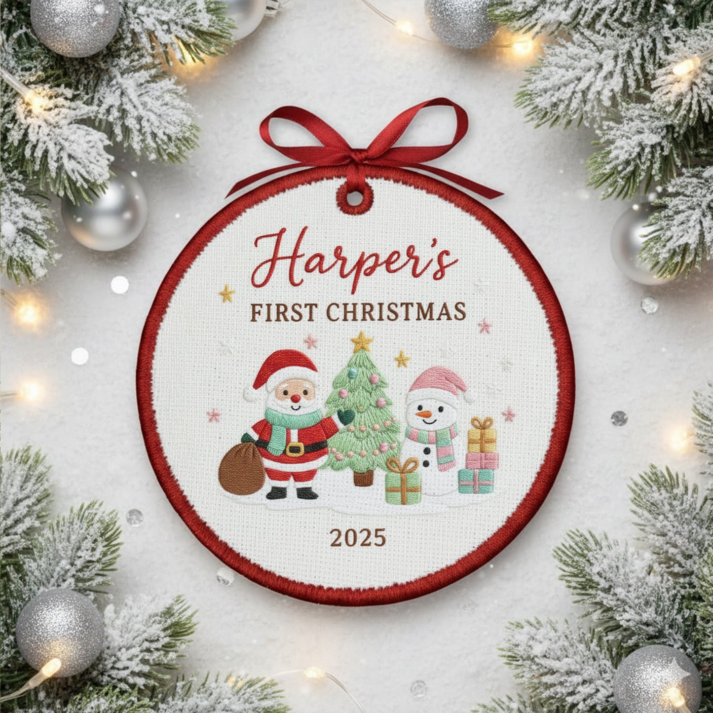 Personalized Embroidered Baby’s First Christmas Ornament 2025 – Santa and Snowman Custom Canvas Keepsake for Newborn, Embroidered Ornament