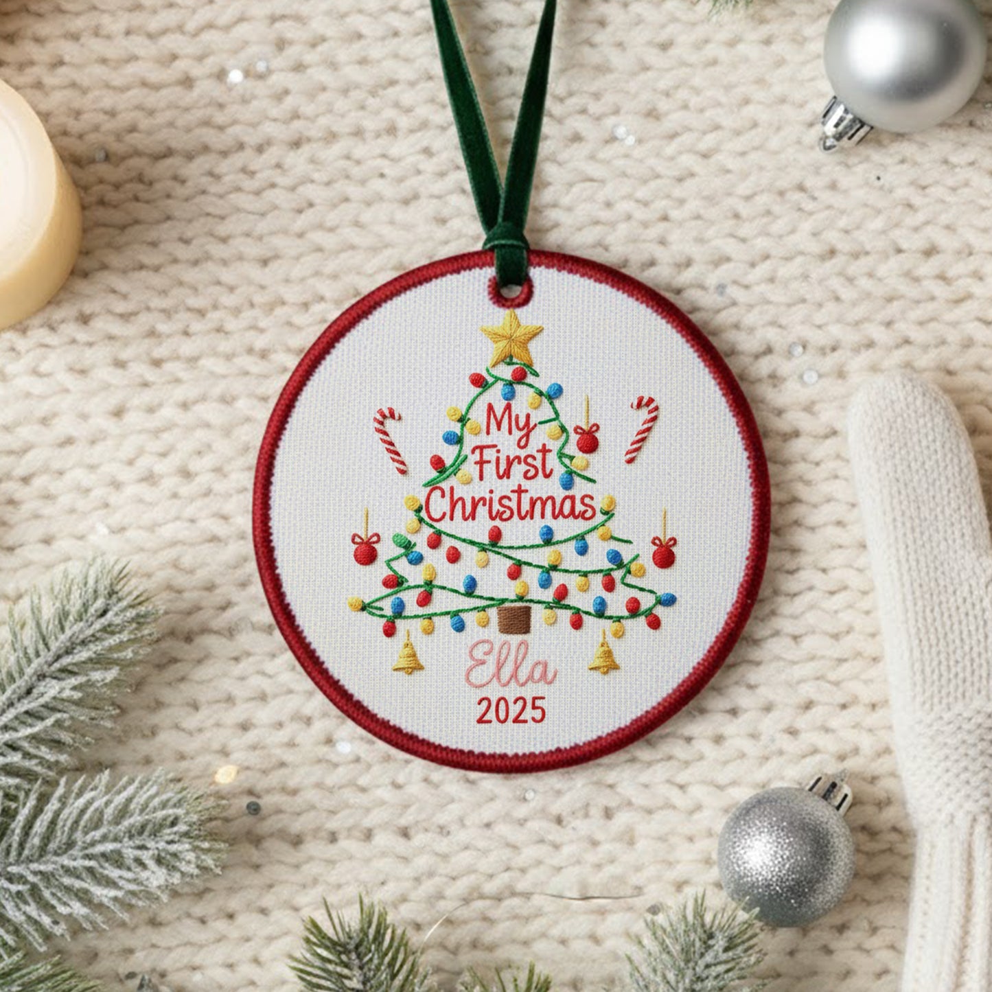 Personalized Embroidered Baby’s First Christmas Tree Ornament 2025 – Custom Canvas Keepsake Gift for Baby, Christmas Embroidered Ornament