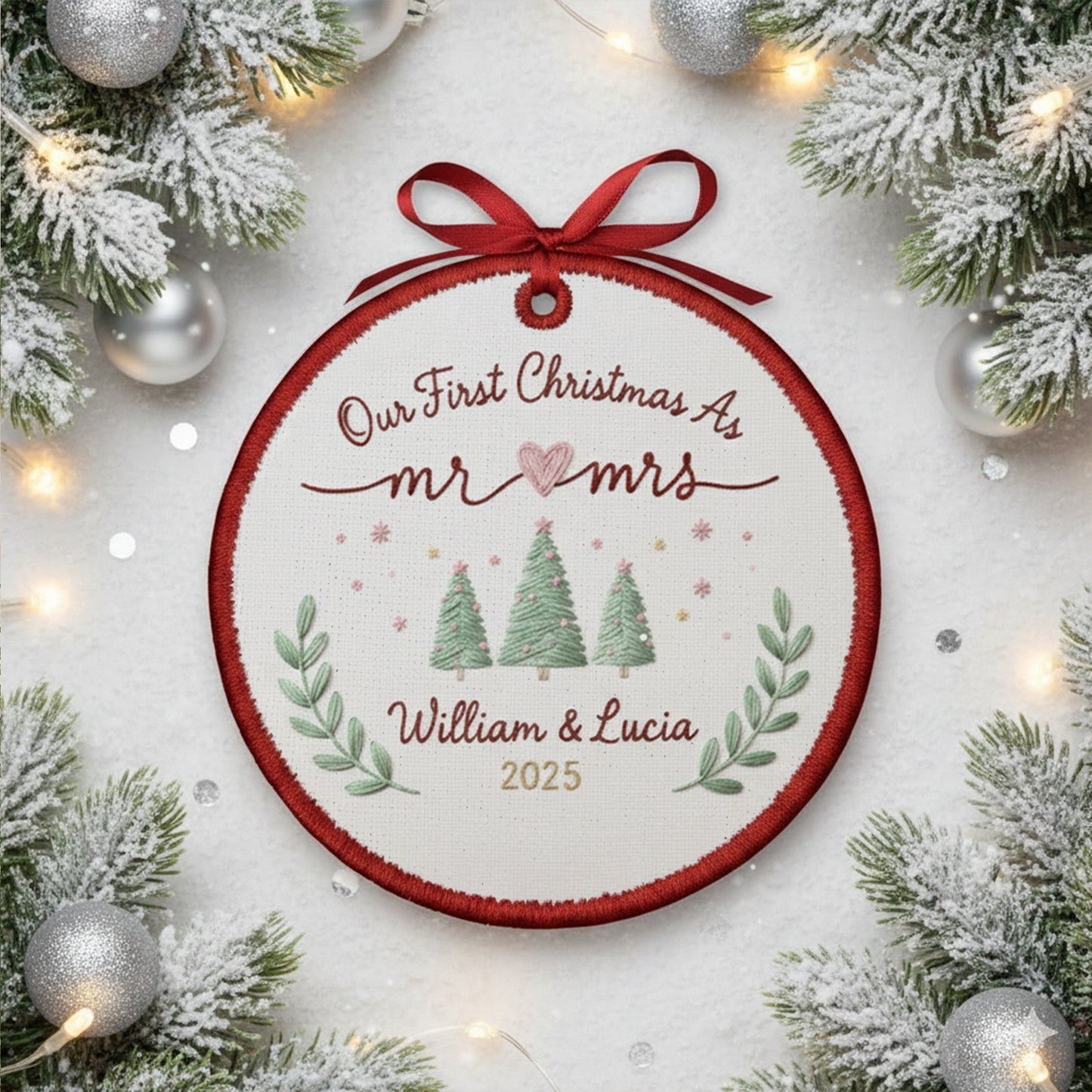 Personalized Embroidered Our First Christmas as Mr & Mrs Ornament 2025, Custom Canvas Newlywed Keepsake Gift,Christmas Embroidered Ornament