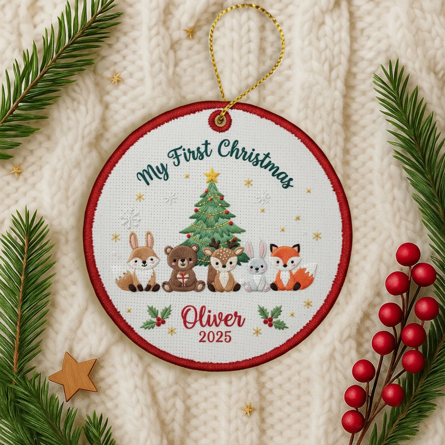 Personalized Embroidered My First Christmas Woodland Animals Ornament 2025 – Custom Canvas Keepsake Gift for Baby, Xmas Embroidered Ornament