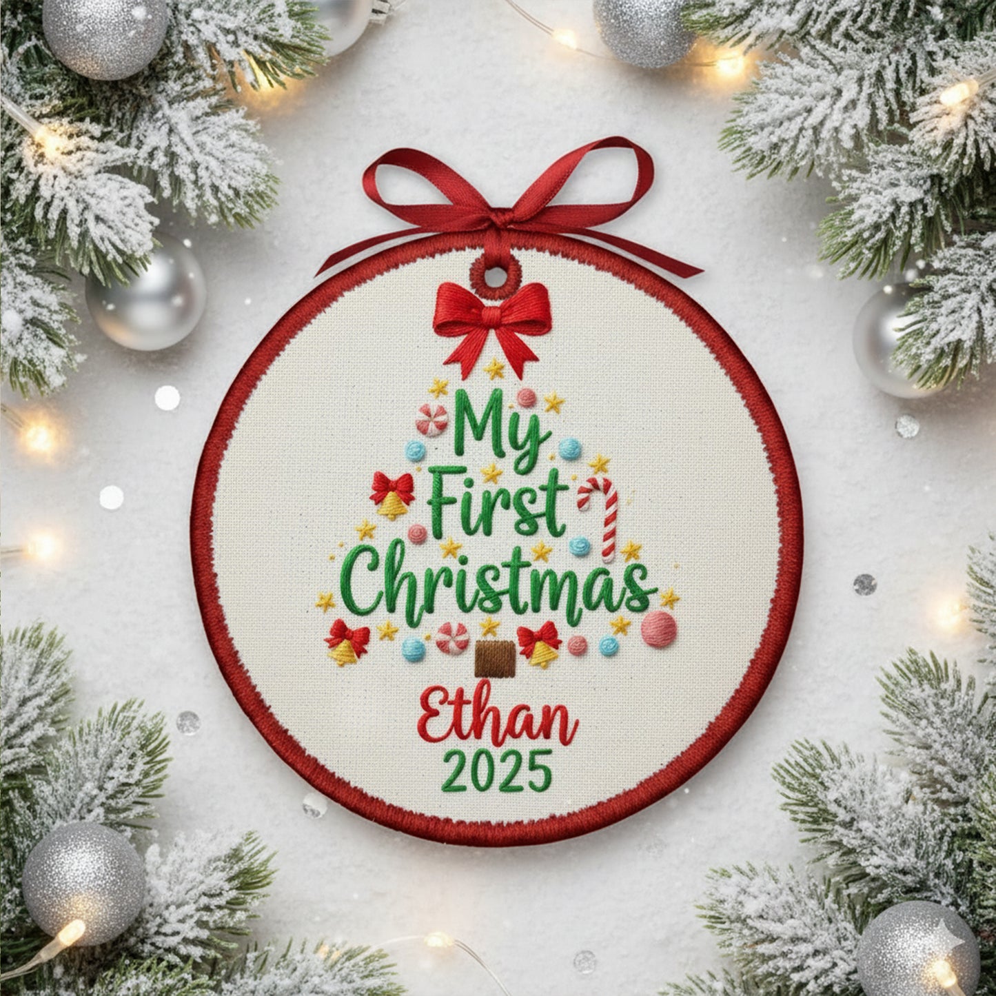Personalized Embroidered Baby’s First Christmas Tree Ornament 2025 – Custom Canvas Keepsake Gift for Newborn, Christmas Embroidered Ornament