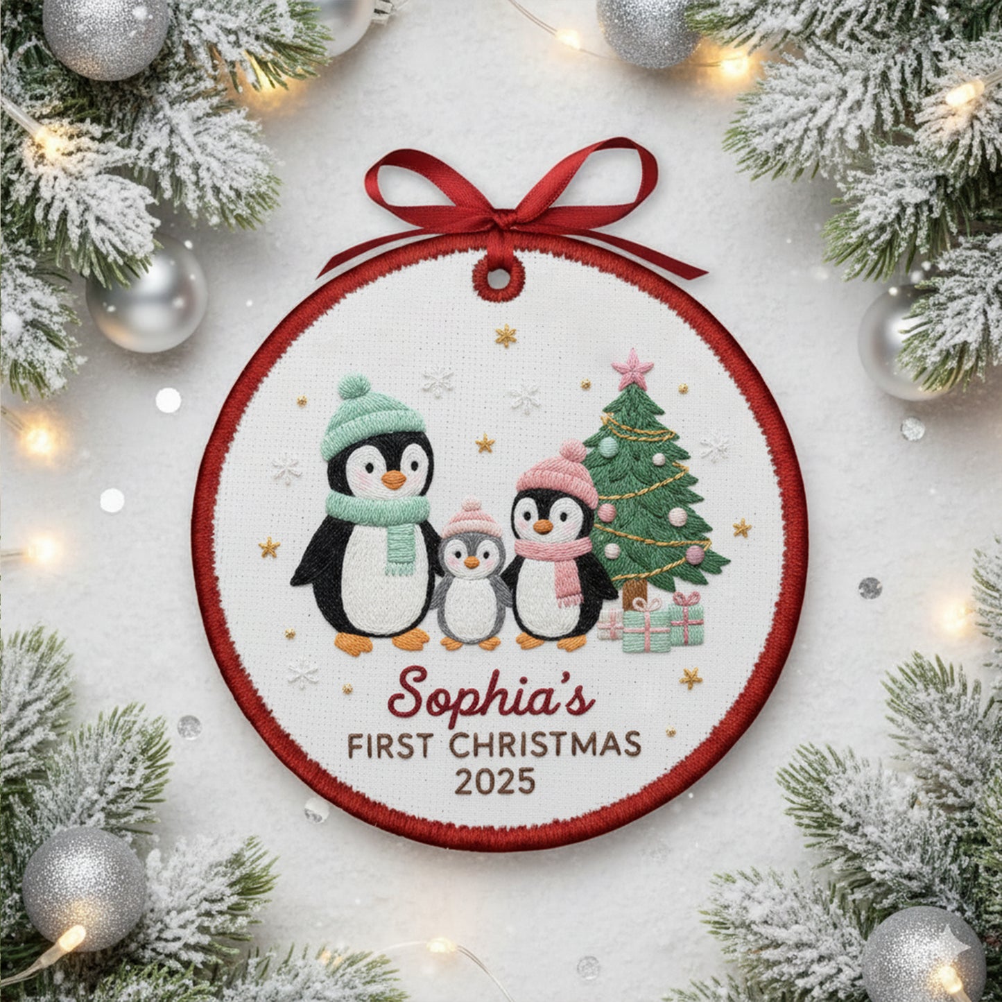 Personalized Embroidered Penguin Family Baby’s First Christmas Ornament – Custom Canvas Keepsake New Family, Christmas Embroidered Ornament