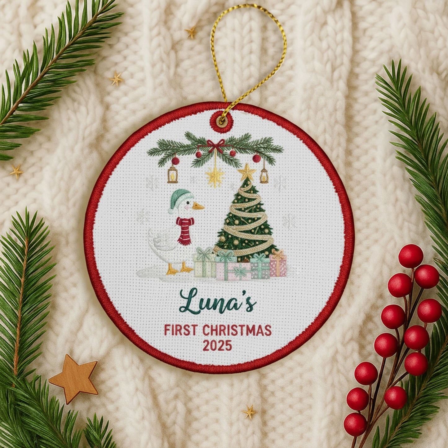 Personalized Embroidered Baby’s First Christmas Goose Ornament 2025, Custom Canvas Keepsake Gift for Newborn, Christmas Embroidered Ornament