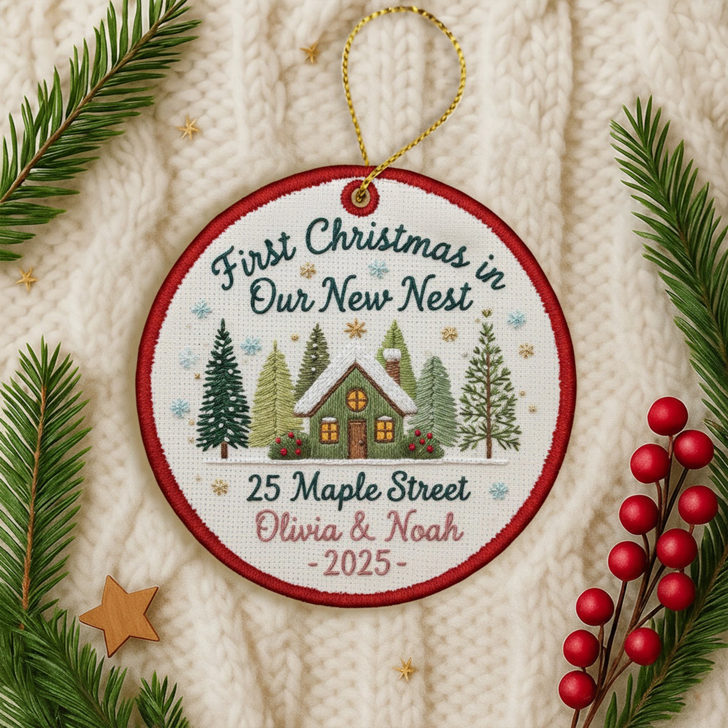 Personalized Embroidered First Christmas in Our New Home Ornament 2025 – Custom Canvas New House Keepsake Gift, Xmas Embroidered Ornament