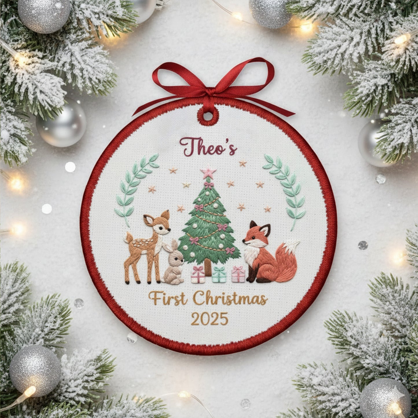 Personalized Embroidered Baby’s First Christmas Ornament 2025 – Woodland Animals Canvas Keepsake Gift for Newborn, Xmas Embroidered Ornament