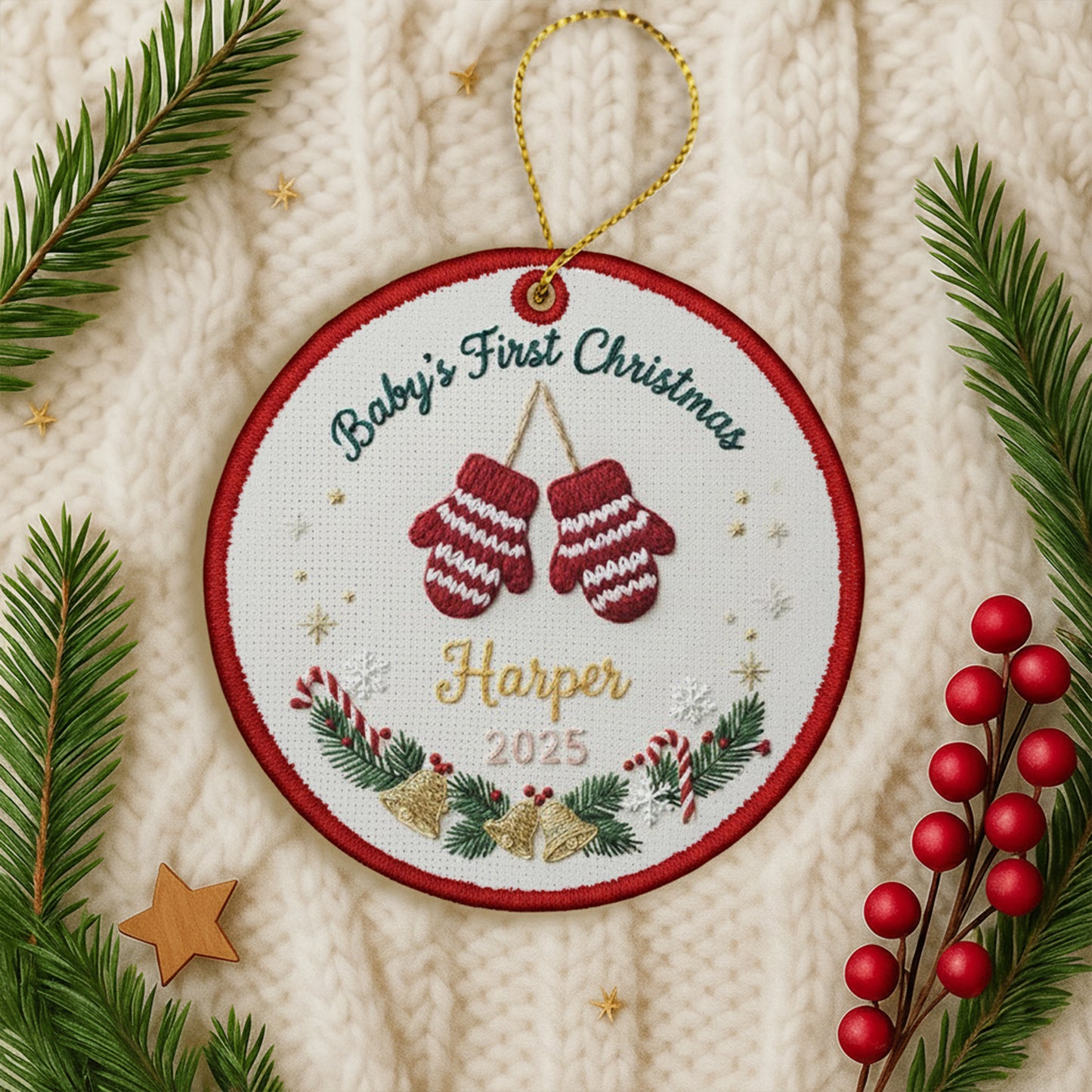 Personalized Embroidered Baby’s First Christmas Ornament 2025 – Custom Canvas Mittens Keepsake Gift for Newborn, Xmas Embroidered Ornament