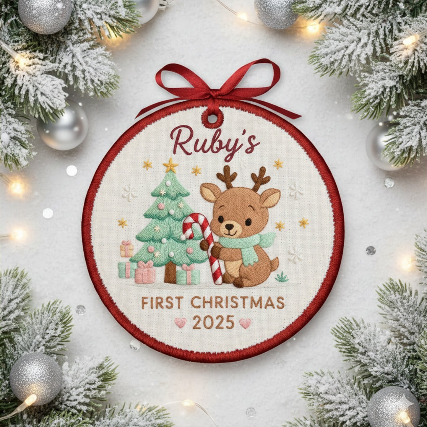Personalized Embroidered Baby’s First Christmas Ornament 2025 – Custom Canvas Reindeer with Candy Cane Keepsake Gift, Embroidered Ornament