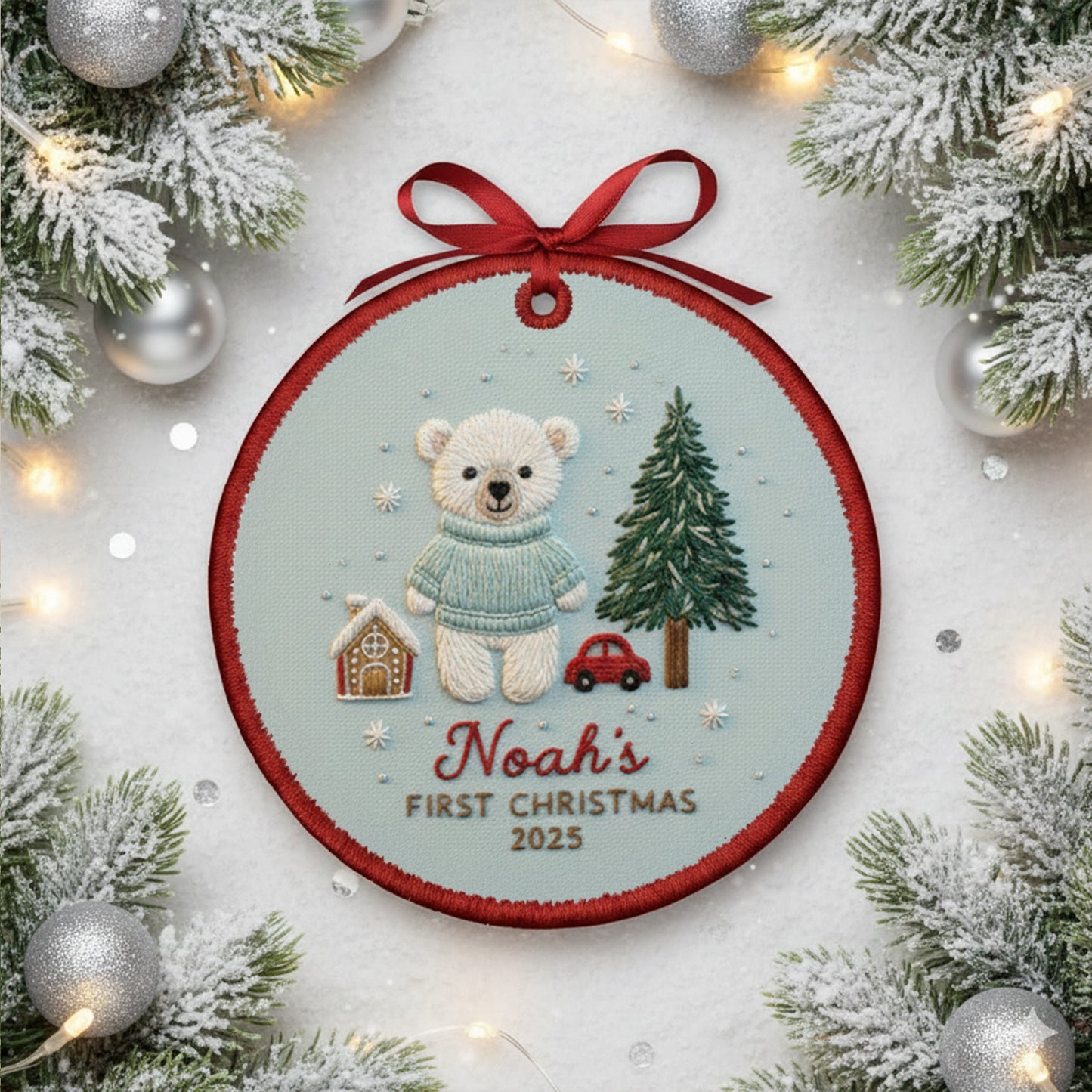Personalized Embroidered Baby’s First Christmas Ornament 2025 – Custom Canvas Bear Keepsake Gift for Newborn, Embroidered Ornament for Baby