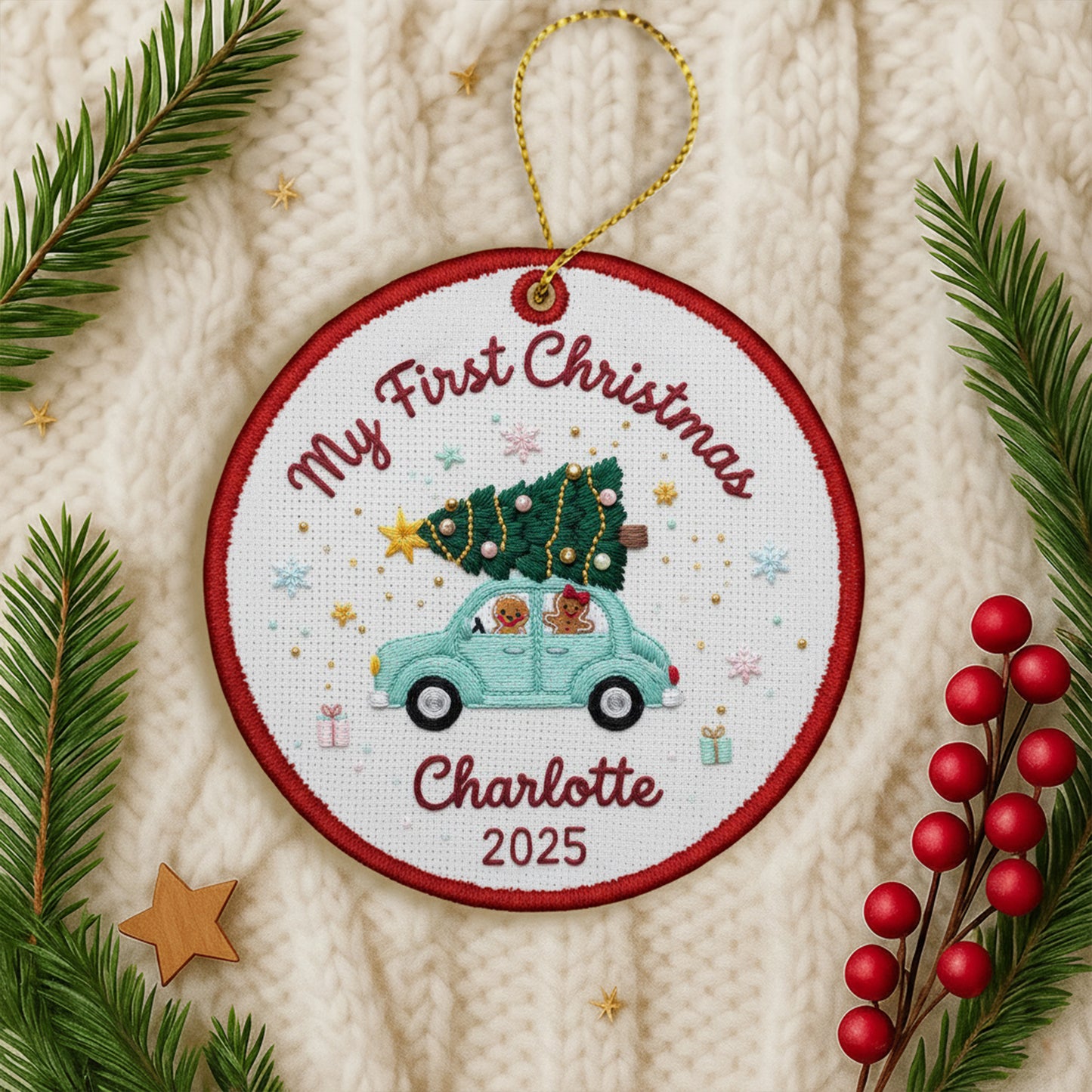 Personalized Embroidered My First Christmas Ornament 2025 – Custom Canvas Car with Tree Baby Keepsake Gift, Christmas Embroidered Ornament