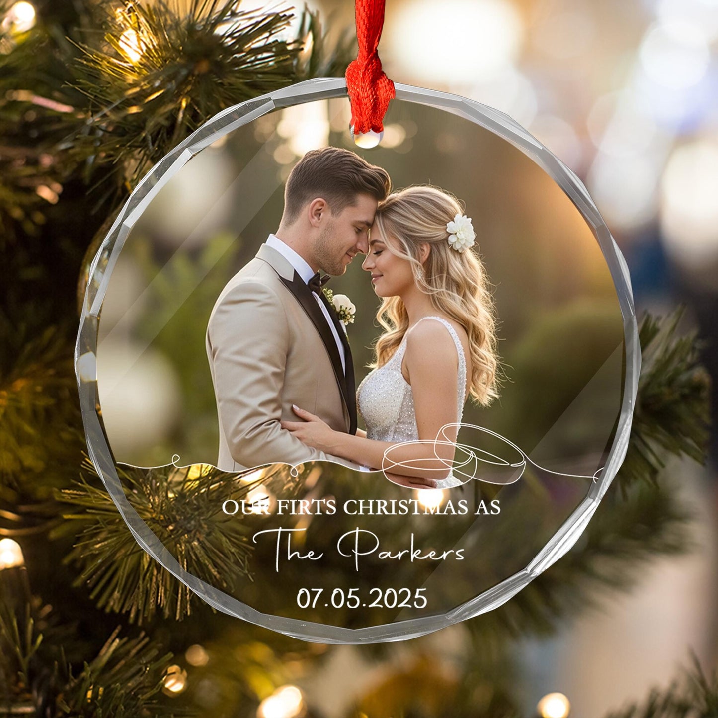 Personalized Wedding Photo Ornament, Newlywed Glass Ornament