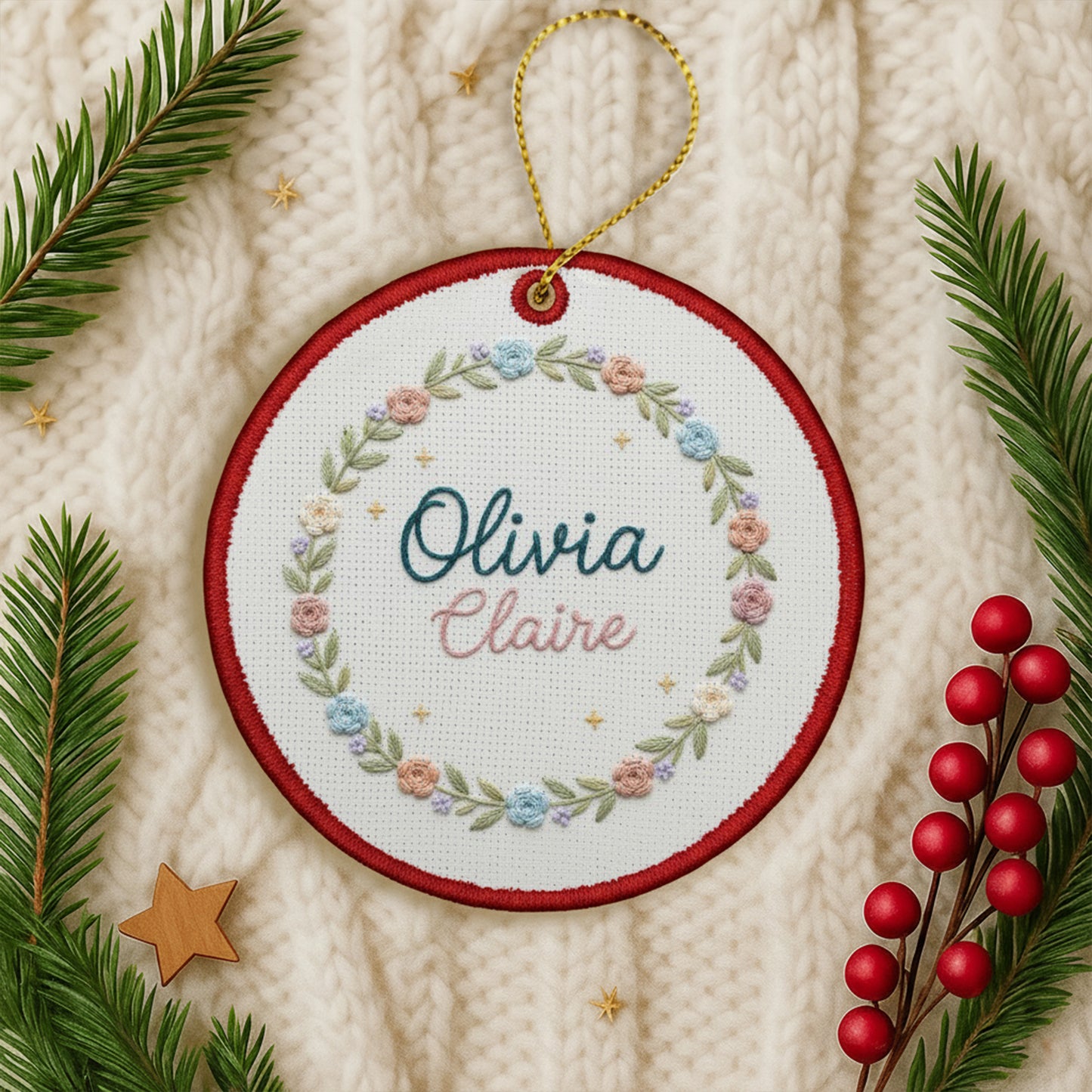Personalized Embroidered Baby Name Hoop Ornament – Custom Floral Canvas Ornament, Nursery Wall Art & Baby Shower Gift, Embroidered Ornament