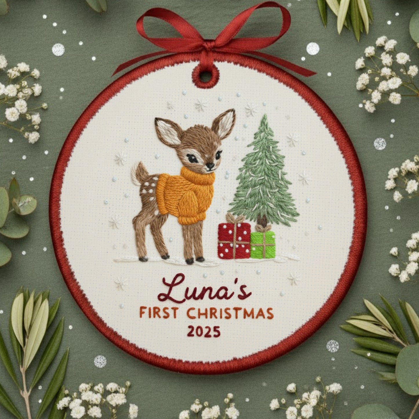 Personalized Embroidered Baby’s First Christmas Ornament 2025 – Custom Canvas Reindeer Keepsake Gift for Newborn, New Baby Gift