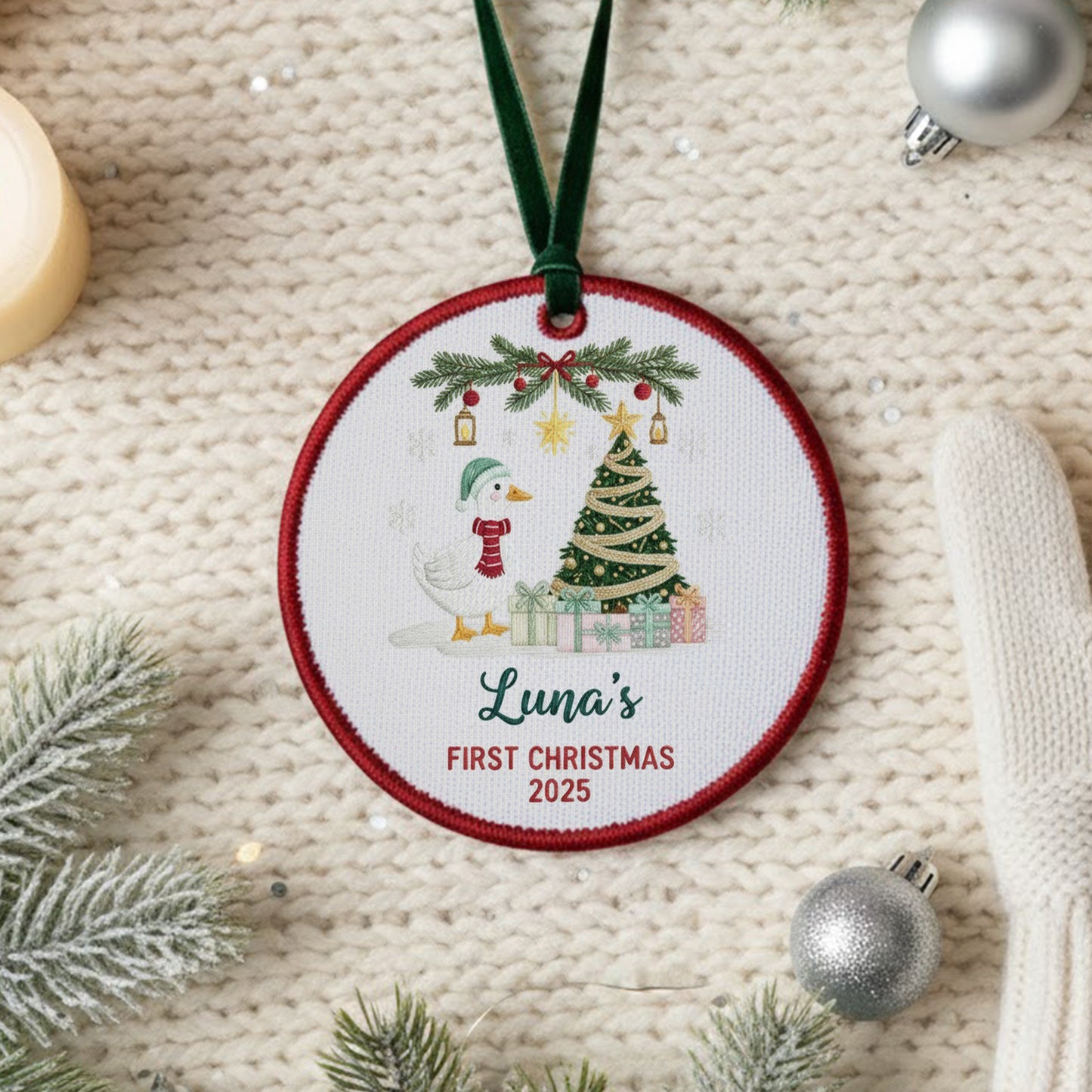 Personalized Embroidered Baby’s First Christmas Goose Ornament 2025, Custom Canvas Keepsake Gift for Newborn, Christmas Embroidered Ornament