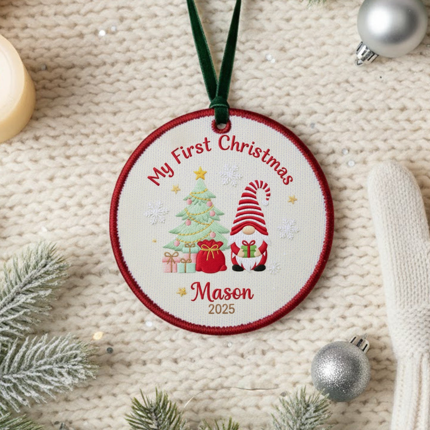 Personalized Embroidered Baby’s First Christmas Gnome Ornament 2025 – Custom Canvas Keepsake Gift for Newborn, Embroidered Ornament