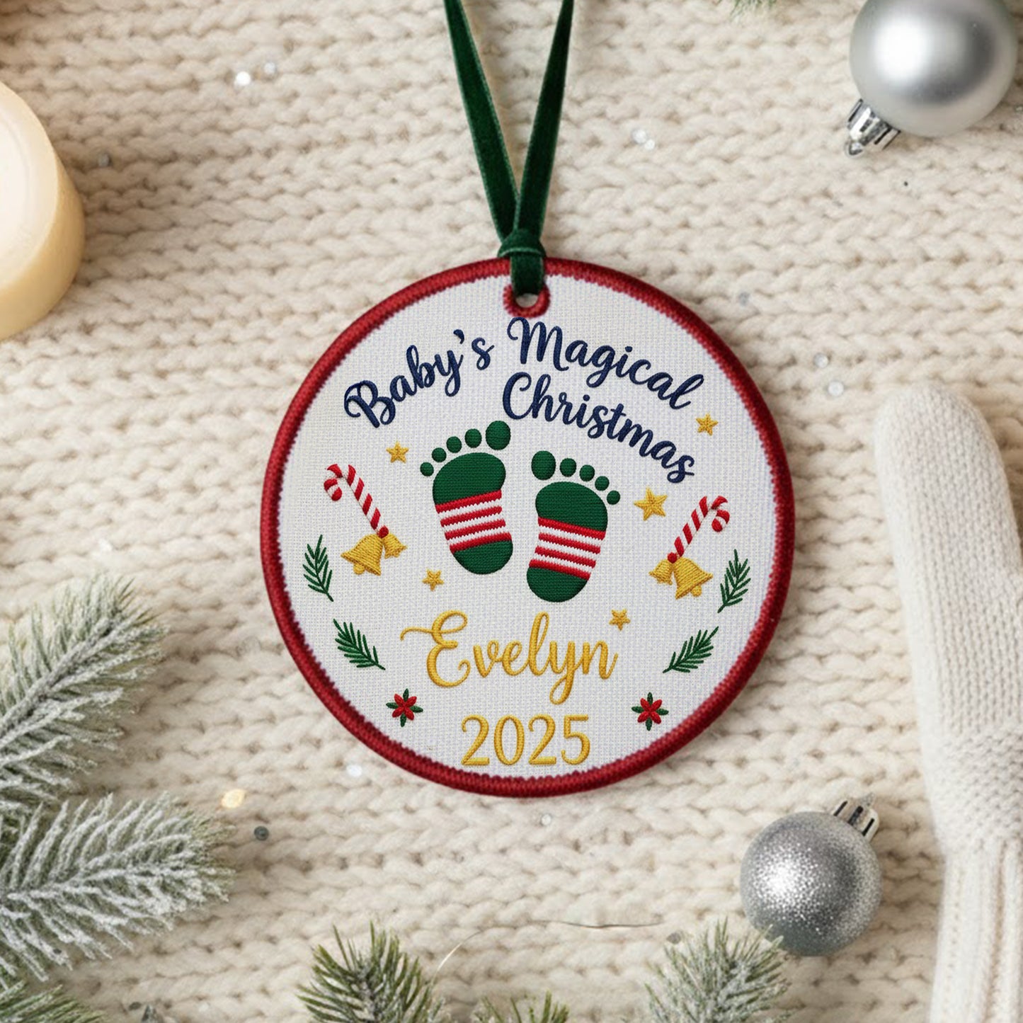 Personalized Embroidered Baby’s Magical First Christmas Ornament 2025 – Custom Canvas Keepsake Gift for Newborn, Xmas Embroidered Ornament
