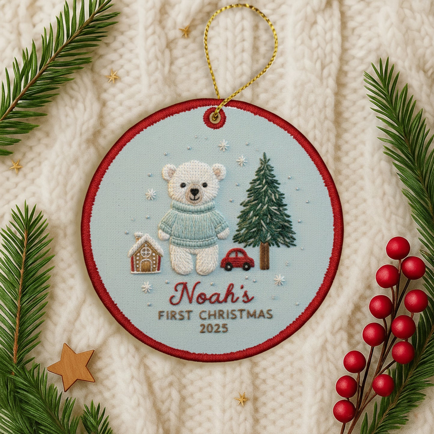 Personalized Embroidered Baby’s First Christmas Ornament 2025 – Custom Canvas Bear Keepsake Gift for Newborn, Embroidered Ornament for Baby