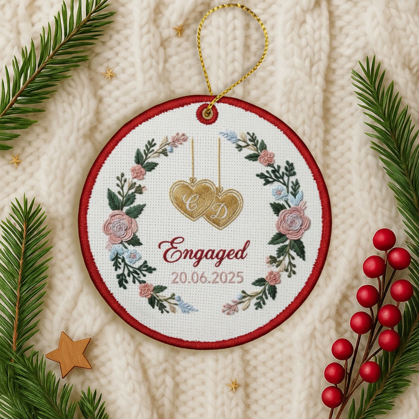 Personalized Embroidered Engagement Ornament 2025 – Custom Canvas Floral Heart Keepsake Gift for Engaged Couples, Xmas Embroidered Ornament