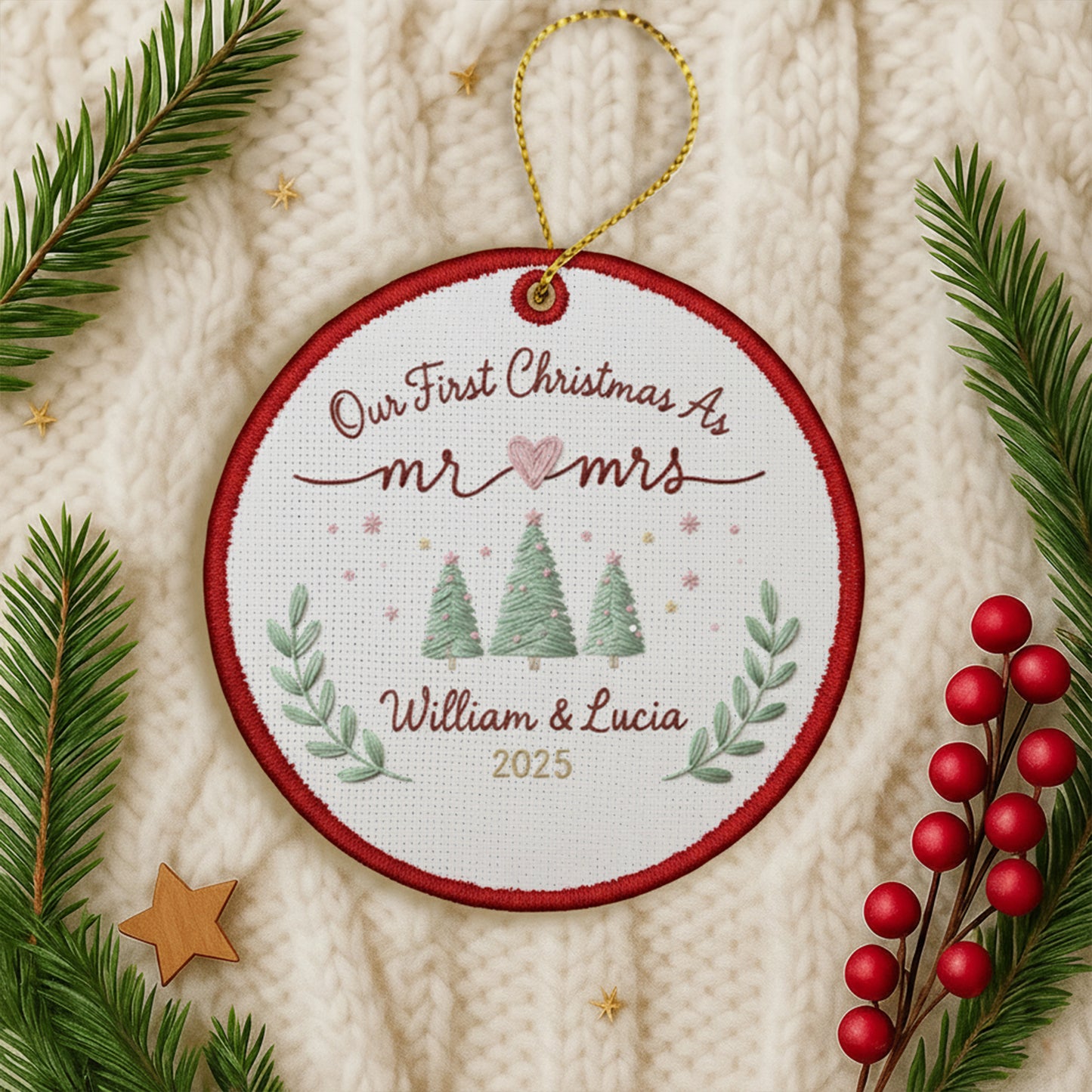 Personalized Embroidered Our First Christmas as Mr & Mrs Ornament 2025, Custom Canvas Newlywed Keepsake Gift,Christmas Embroidered Ornament