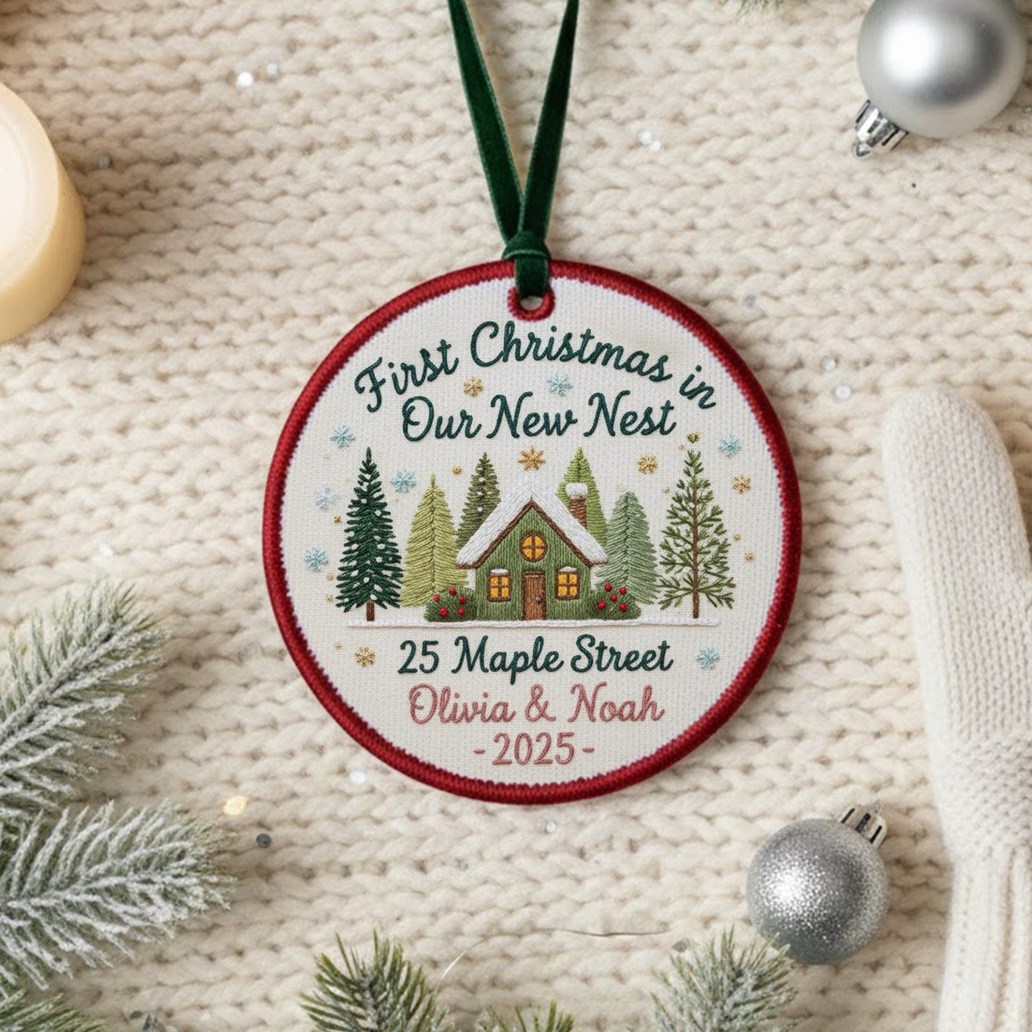 Personalized Embroidered First Christmas in Our New Home Ornament 2025 – Custom Canvas New House Keepsake Gift, Xmas Embroidered Ornament