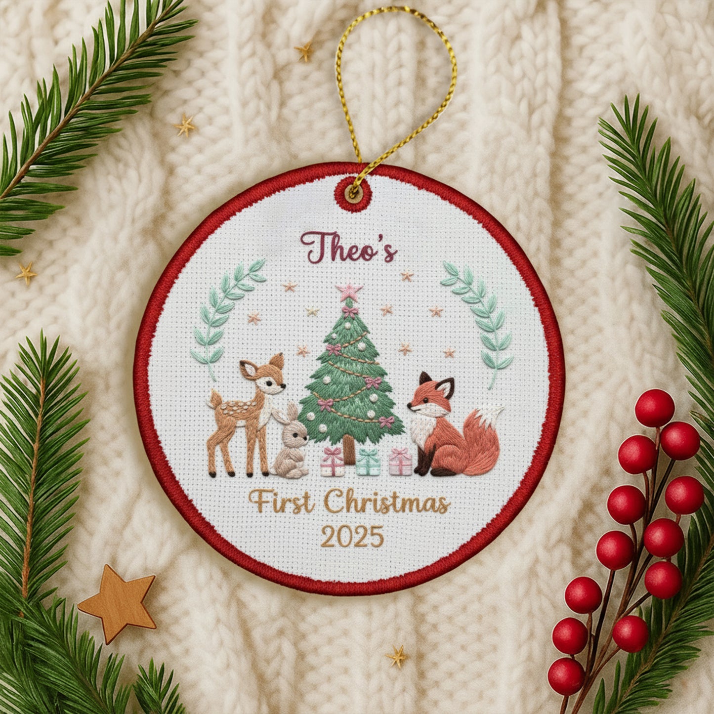 Personalized Embroidered Baby’s First Christmas Ornament 2025 – Woodland Animals Canvas Keepsake Gift for Newborn, Xmas Embroidered Ornament