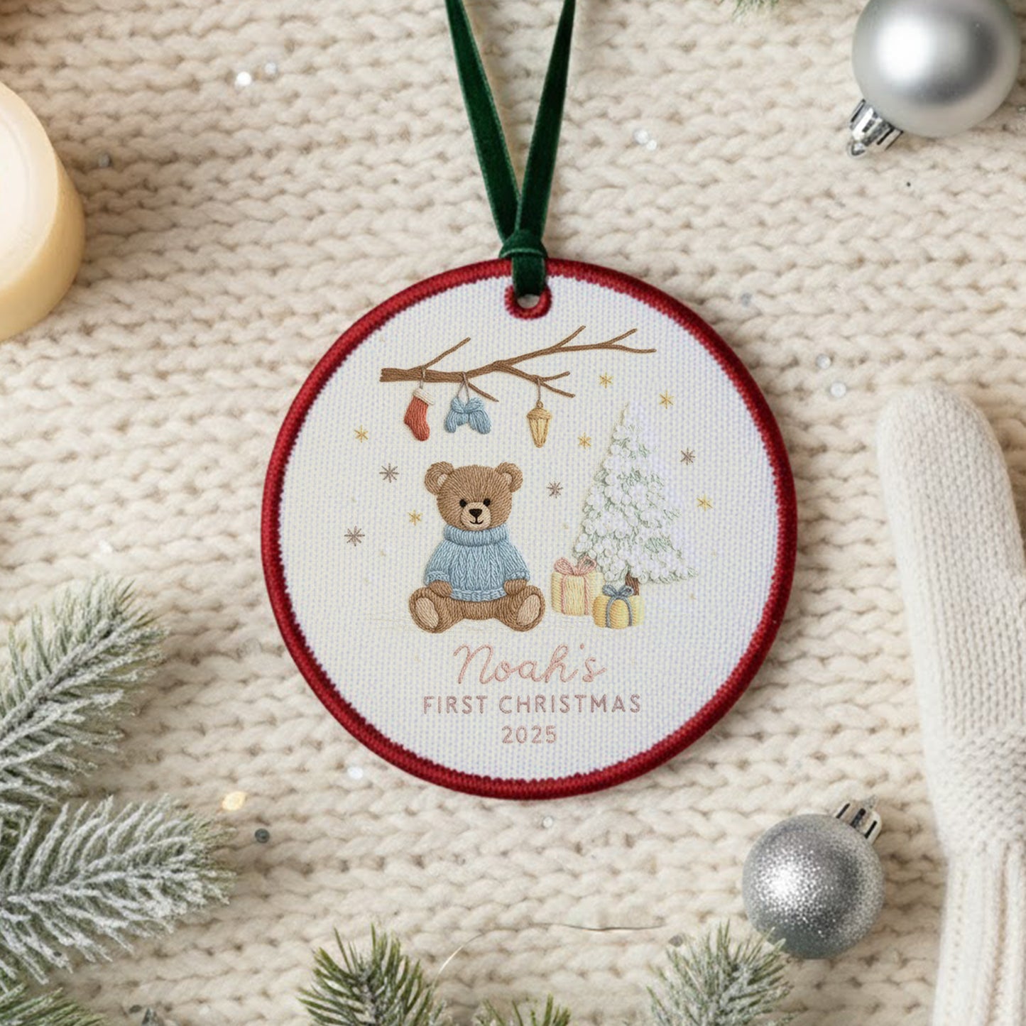 Personalized Embroidered Baby’s First Christmas Ornament 2025 – Custom Canvas Teddy Bear Keepsake Gift for Newborn, Embroidered Ornament