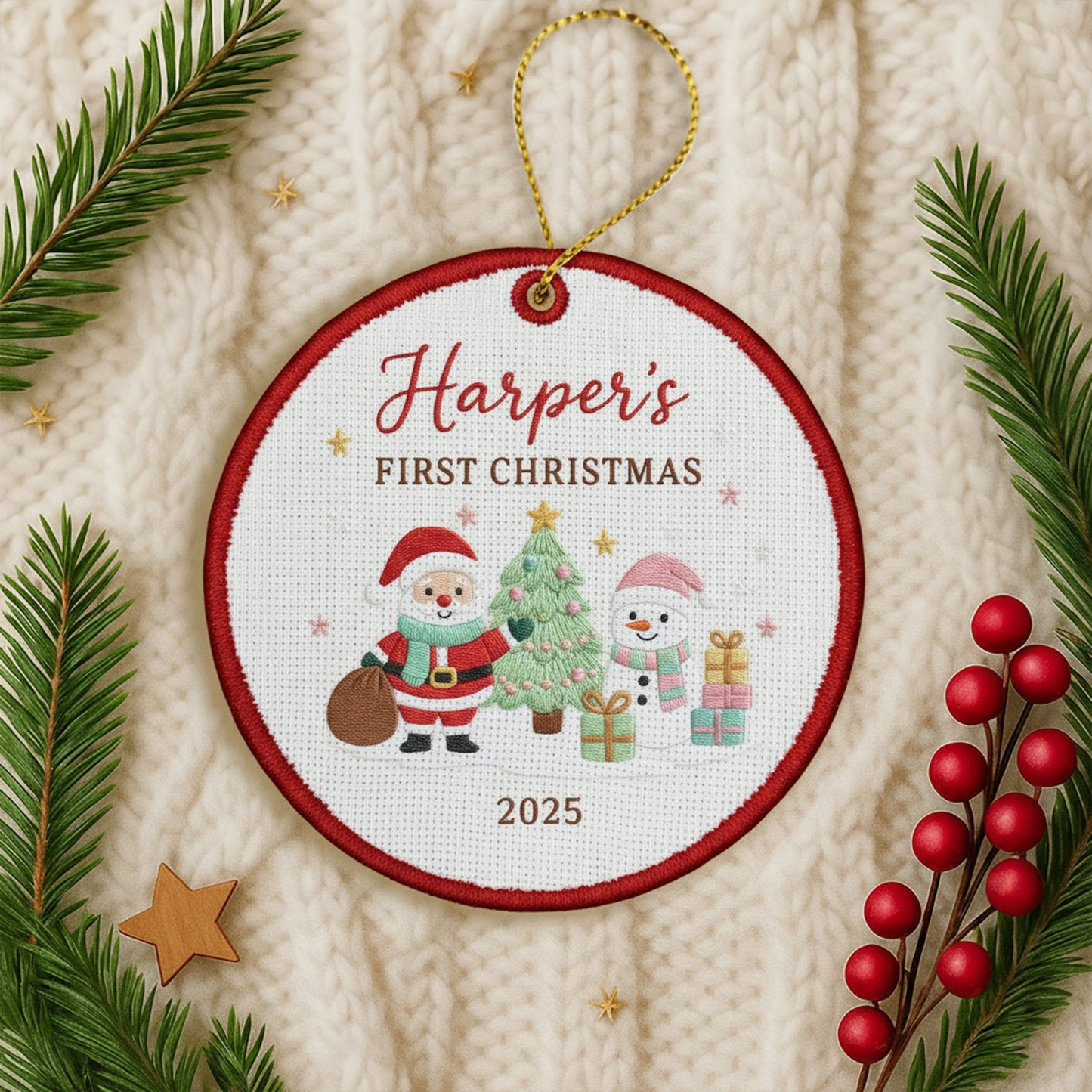 Personalized Embroidered Baby’s First Christmas Ornament 2025 – Santa and Snowman Custom Canvas Keepsake for Newborn, Embroidered Ornament
