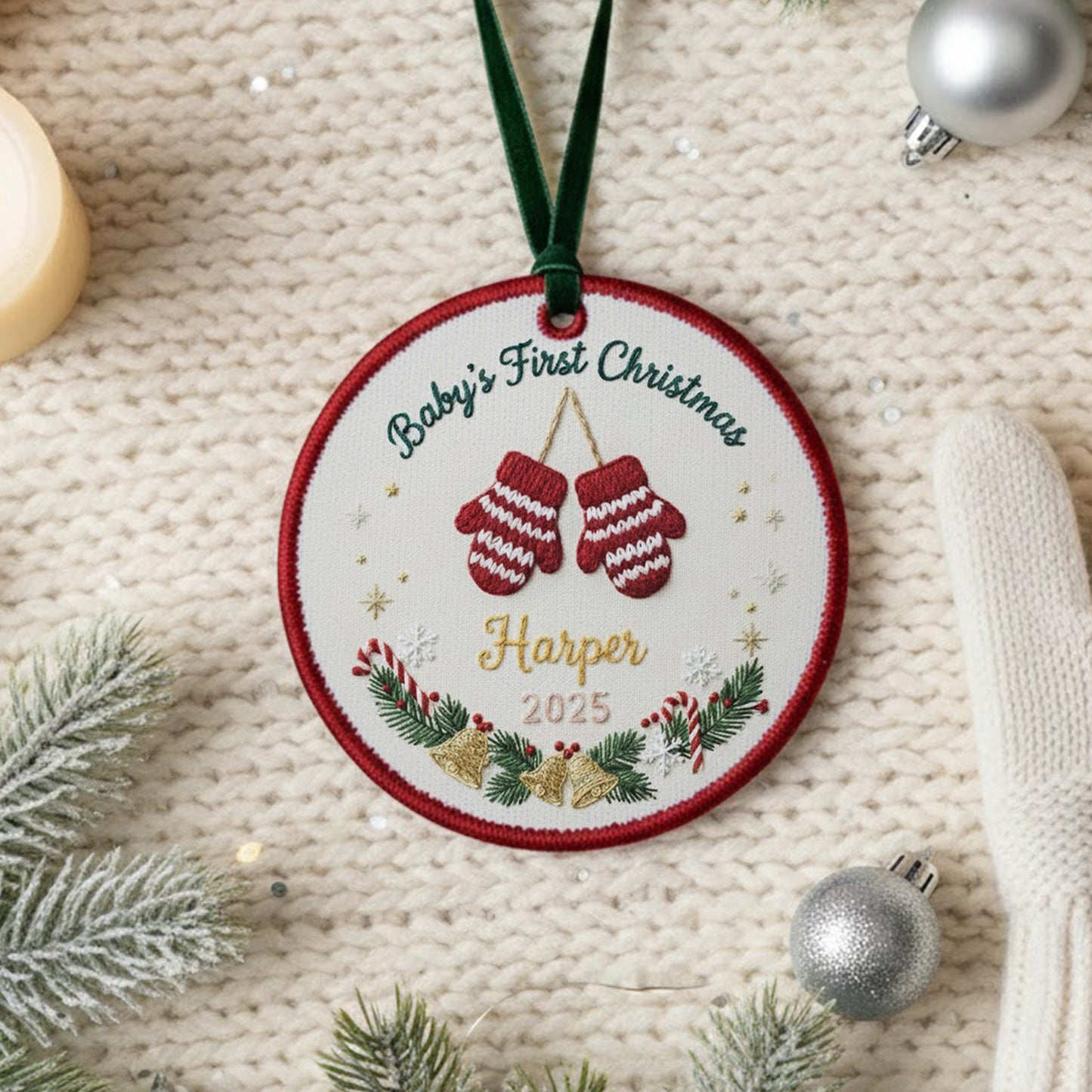 Personalized Embroidered Baby’s First Christmas Ornament 2025 – Custom Canvas Mittens Keepsake Gift for Newborn, Xmas Embroidered Ornament