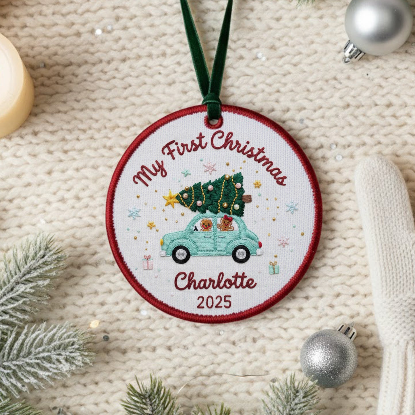 Personalized Embroidered My First Christmas Ornament 2025 – Custom Canvas Car with Tree Baby Keepsake Gift, Christmas Embroidered Ornament