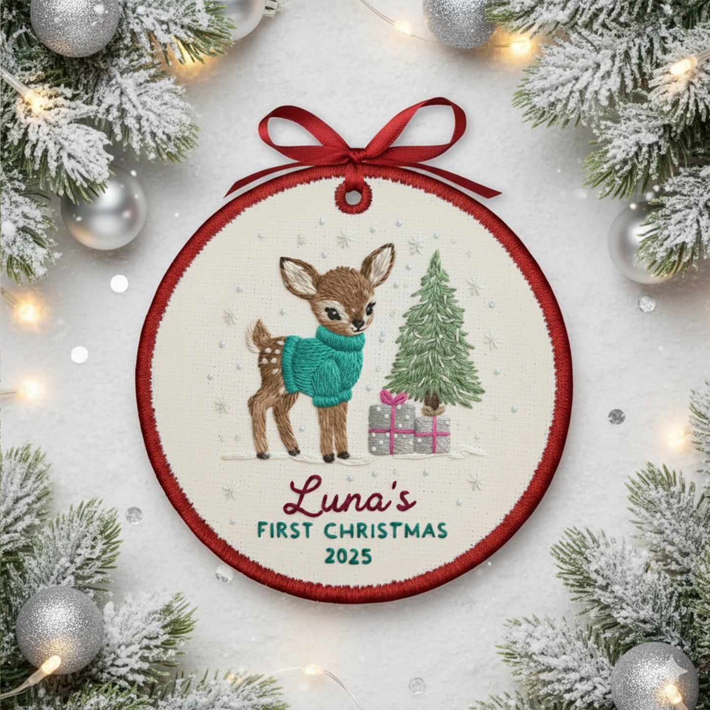 Personalized Embroidered Baby’s First Christmas Ornament 2025 – Custom Canvas Reindeer Keepsake Gift for Newborn, New Baby Gift