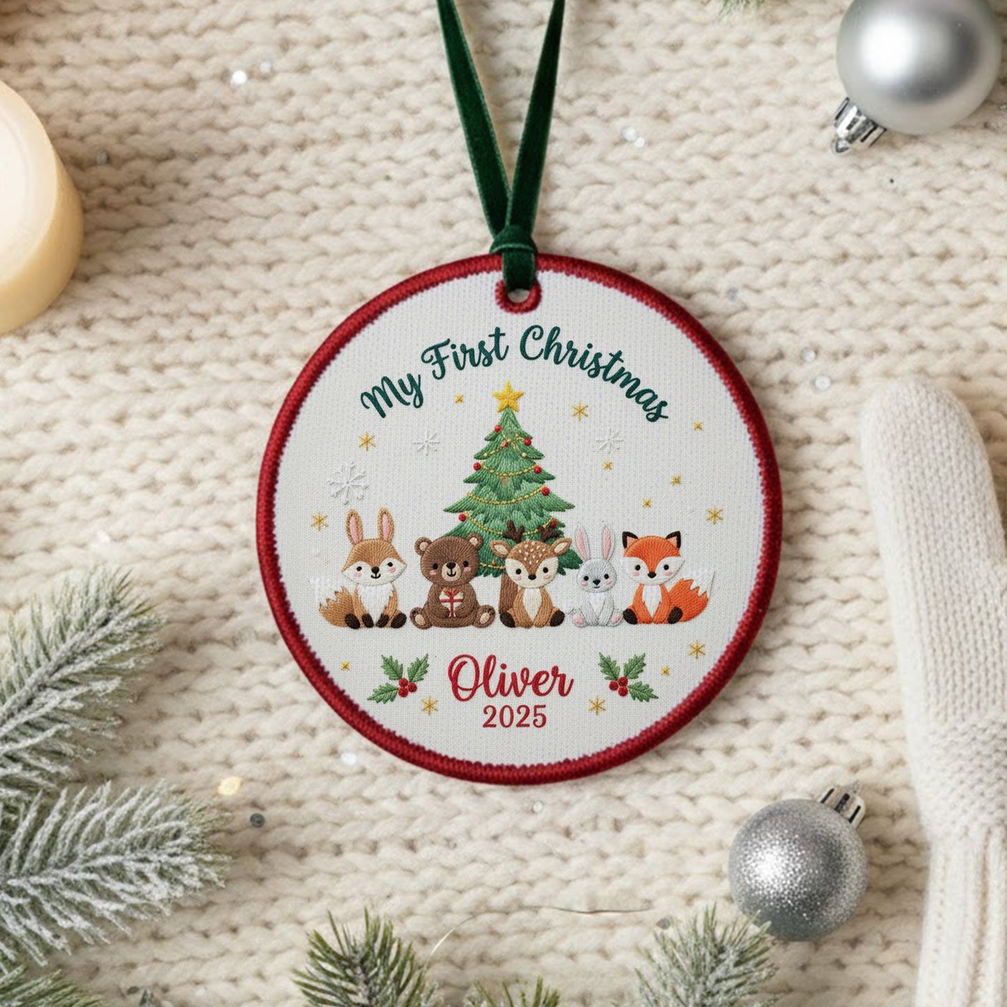 Personalized Embroidered My First Christmas Woodland Animals Ornament 2025 – Custom Canvas Keepsake Gift for Baby, Xmas Embroidered Ornament