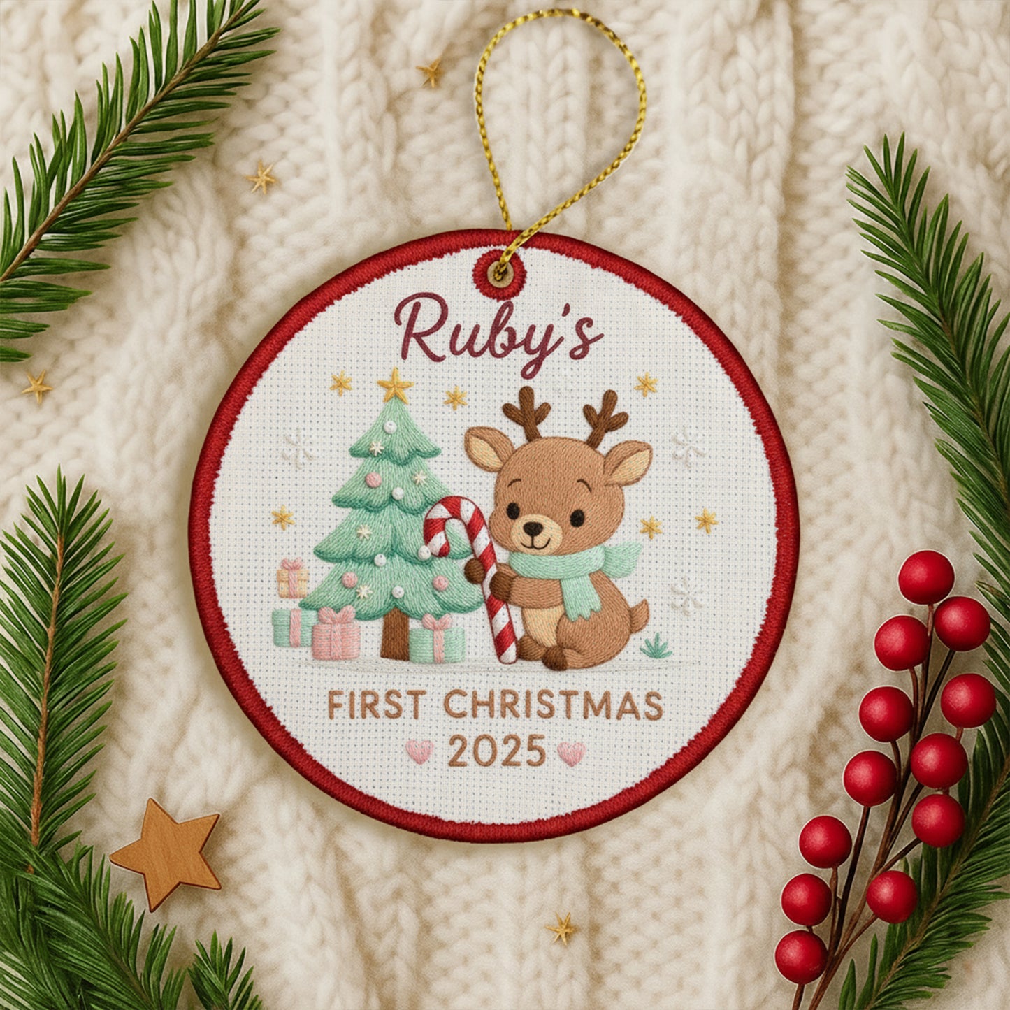 Personalized Embroidered Baby’s First Christmas Ornament 2025 – Custom Canvas Reindeer with Candy Cane Keepsake Gift, Embroidered Ornament