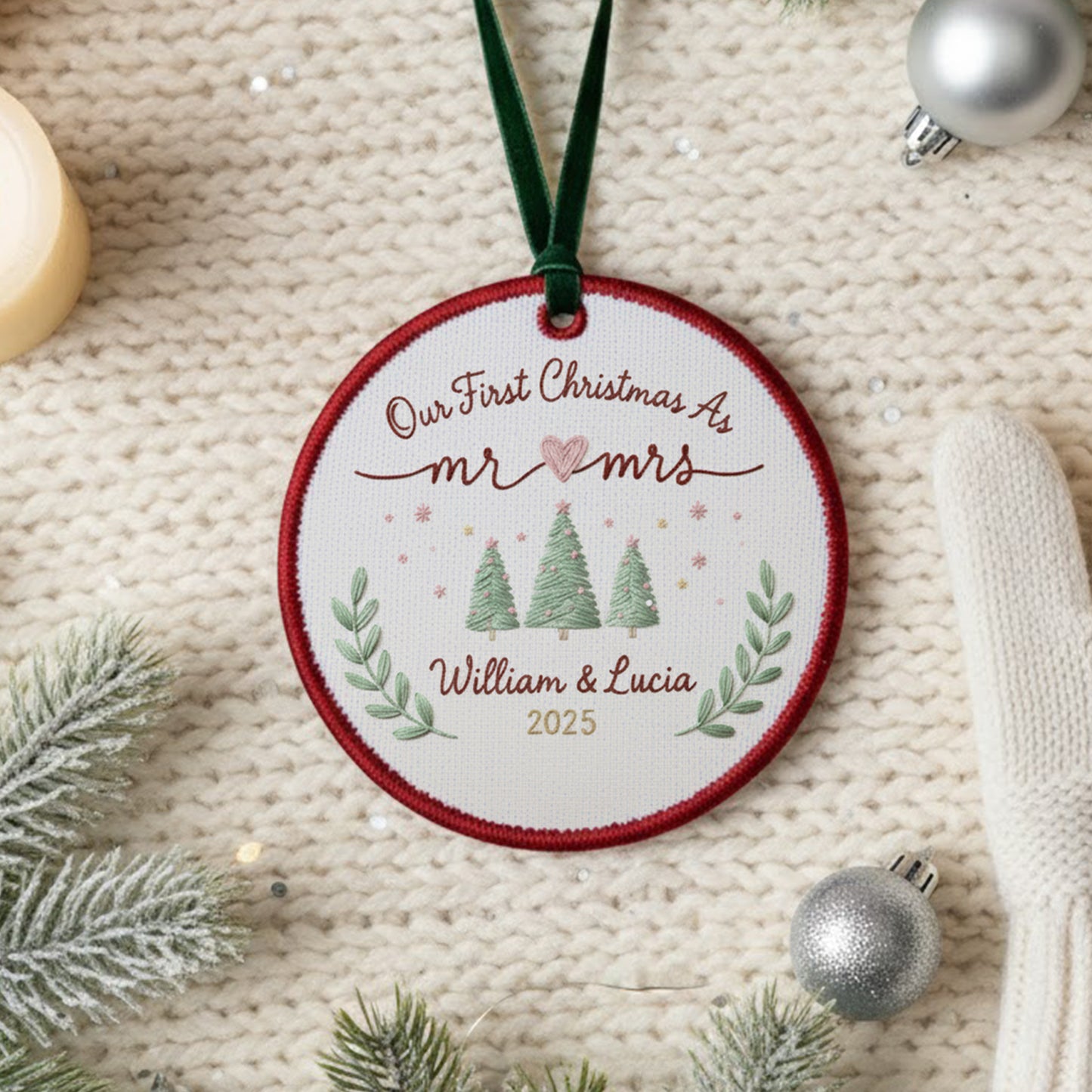 Personalized Embroidered Our First Christmas as Mr & Mrs Ornament 2025, Custom Canvas Newlywed Keepsake Gift,Christmas Embroidered Ornament