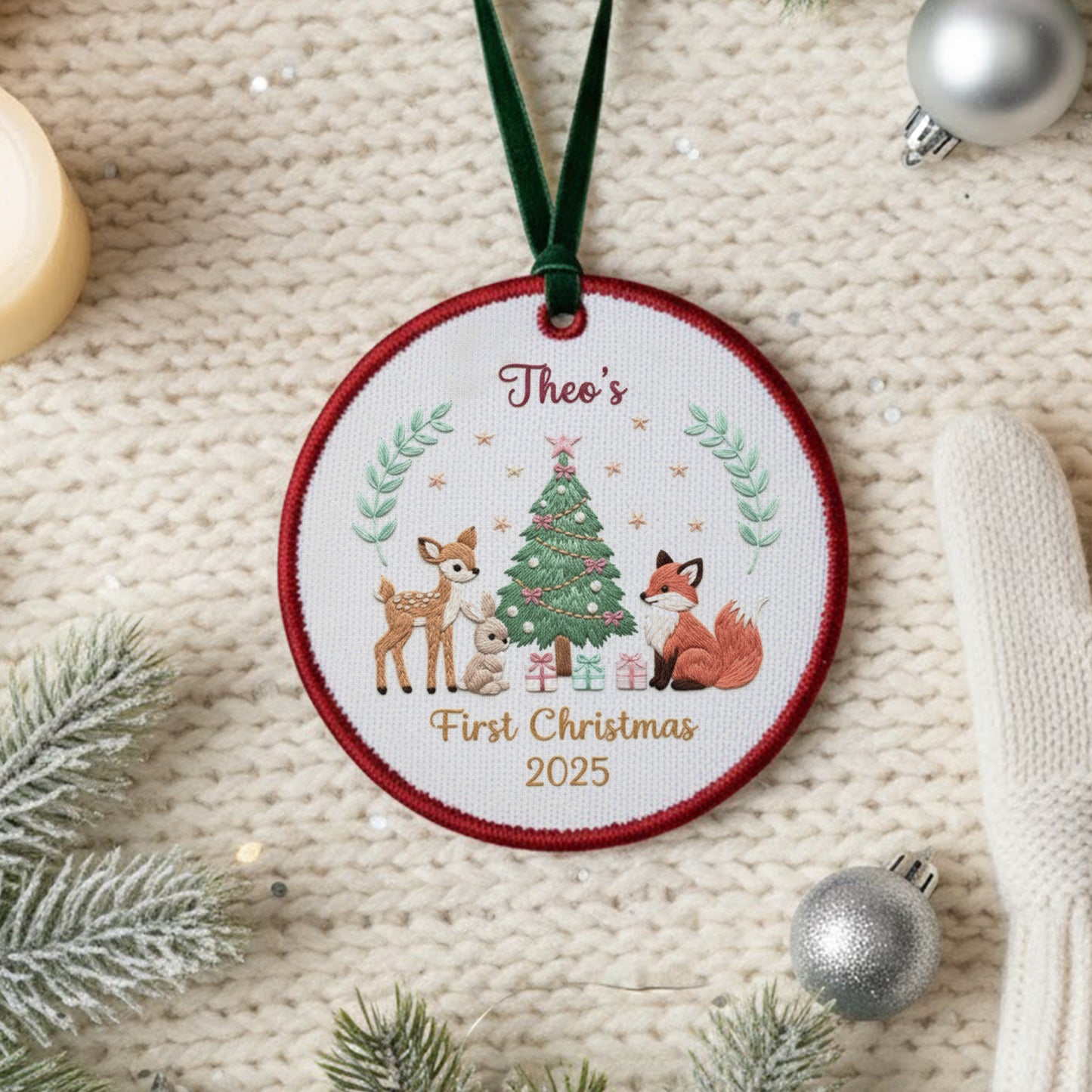 Personalized Embroidered Baby’s First Christmas Ornament 2025 – Woodland Animals Canvas Keepsake Gift for Newborn, Xmas Embroidered Ornament