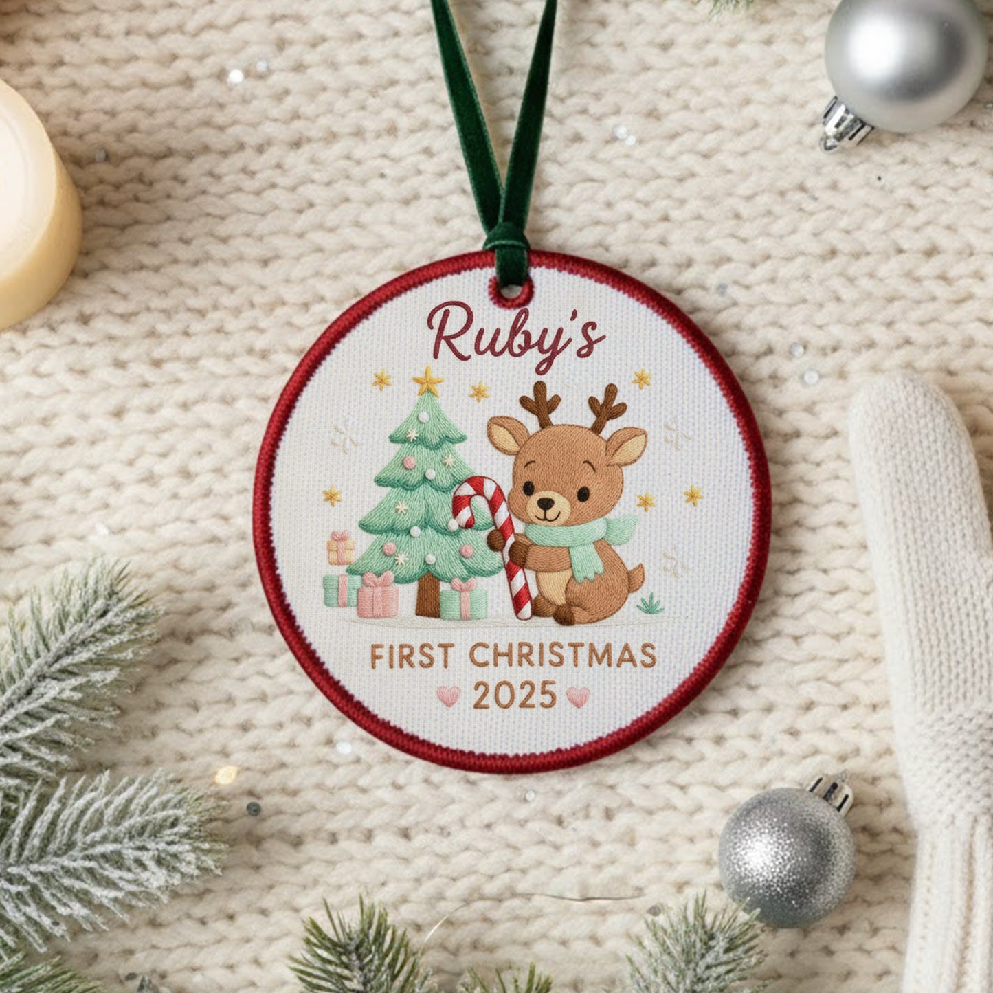 Personalized Embroidered Baby’s First Christmas Ornament 2025 – Custom Canvas Reindeer with Candy Cane Keepsake Gift, Embroidered Ornament