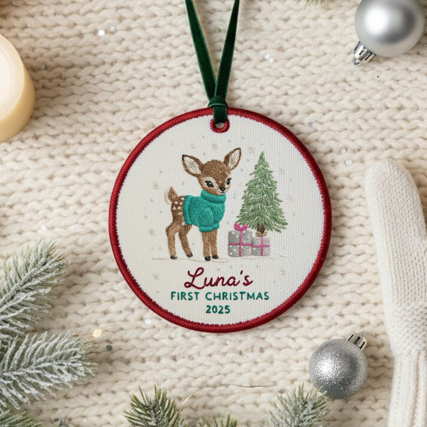 Personalized Embroidered Baby’s First Christmas Ornament 2025 – Custom Canvas Reindeer Keepsake Gift for Newborn, New Baby Gift