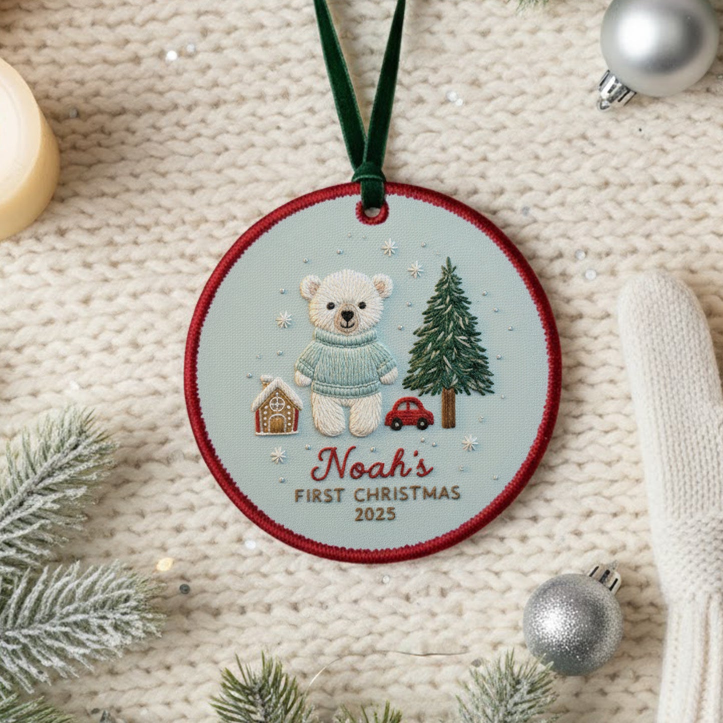 Personalized Embroidered Baby’s First Christmas Ornament 2025 – Custom Canvas Bear Keepsake Gift for Newborn, Embroidered Ornament for Baby