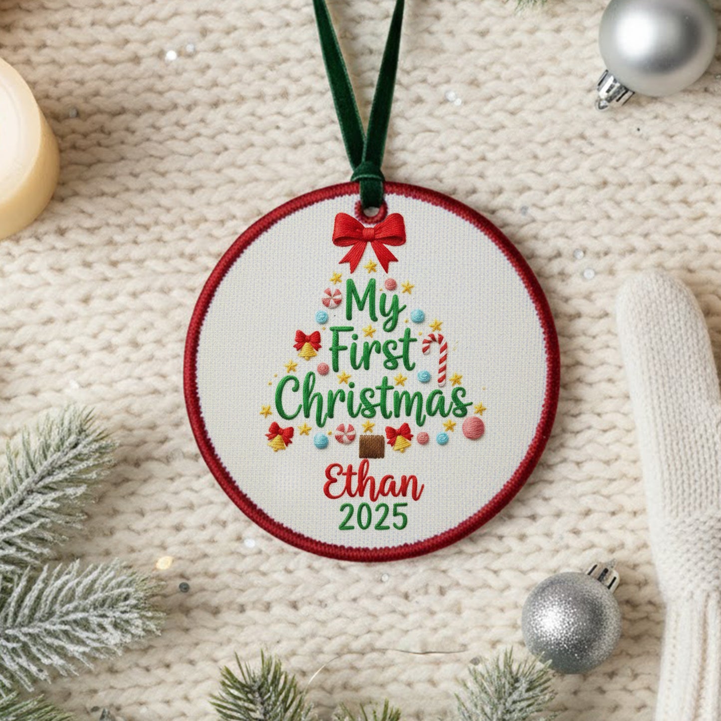 Personalized Embroidered Baby’s First Christmas Tree Ornament 2025 – Custom Canvas Keepsake Gift for Newborn, Christmas Embroidered Ornament