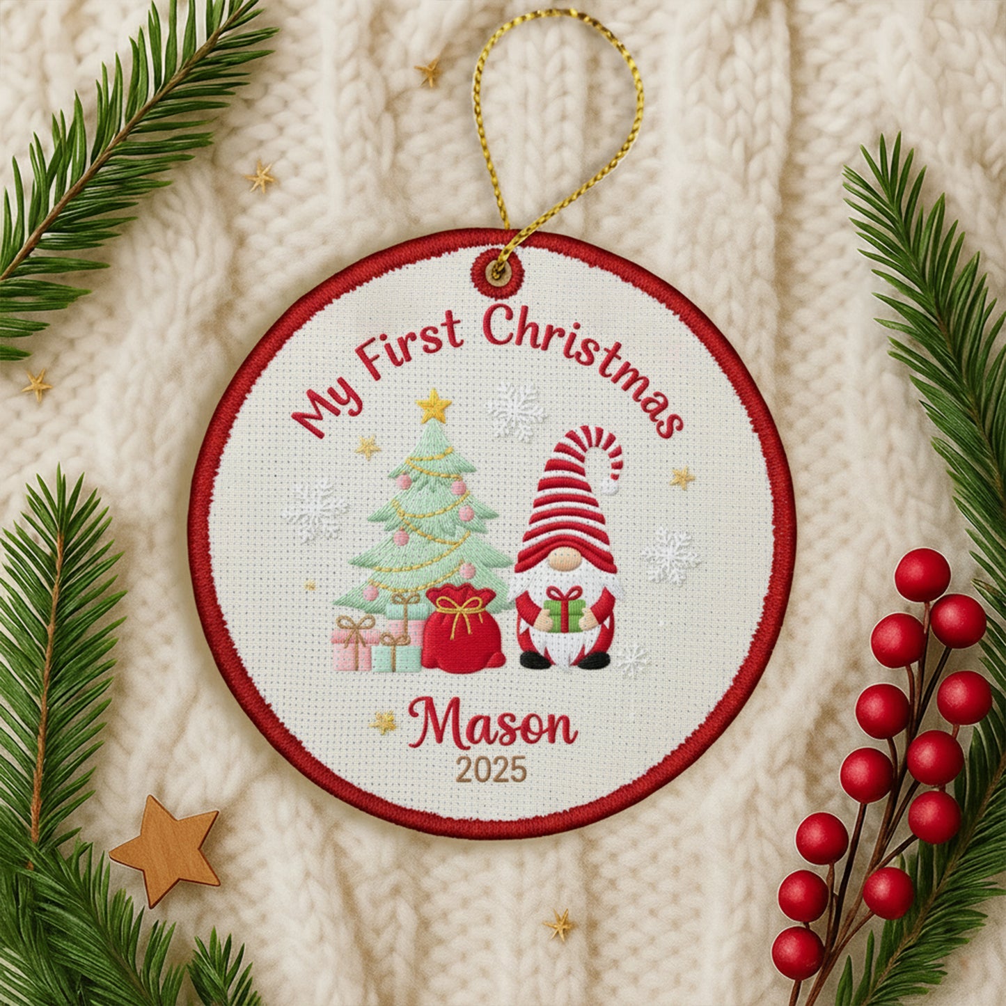 Personalized Embroidered Baby’s First Christmas Gnome Ornament 2025 – Custom Canvas Keepsake Gift for Newborn, Embroidered Ornament